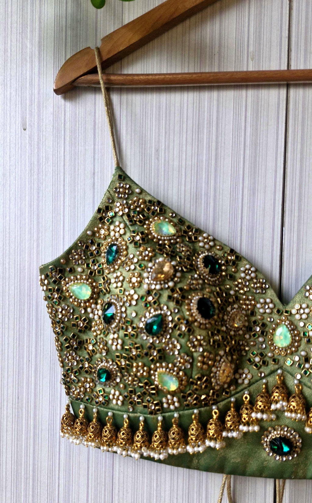 Hand Embroidered Green Saree Blouse, Kundan Embellishment, Bejeweled Bralette DVBL_507