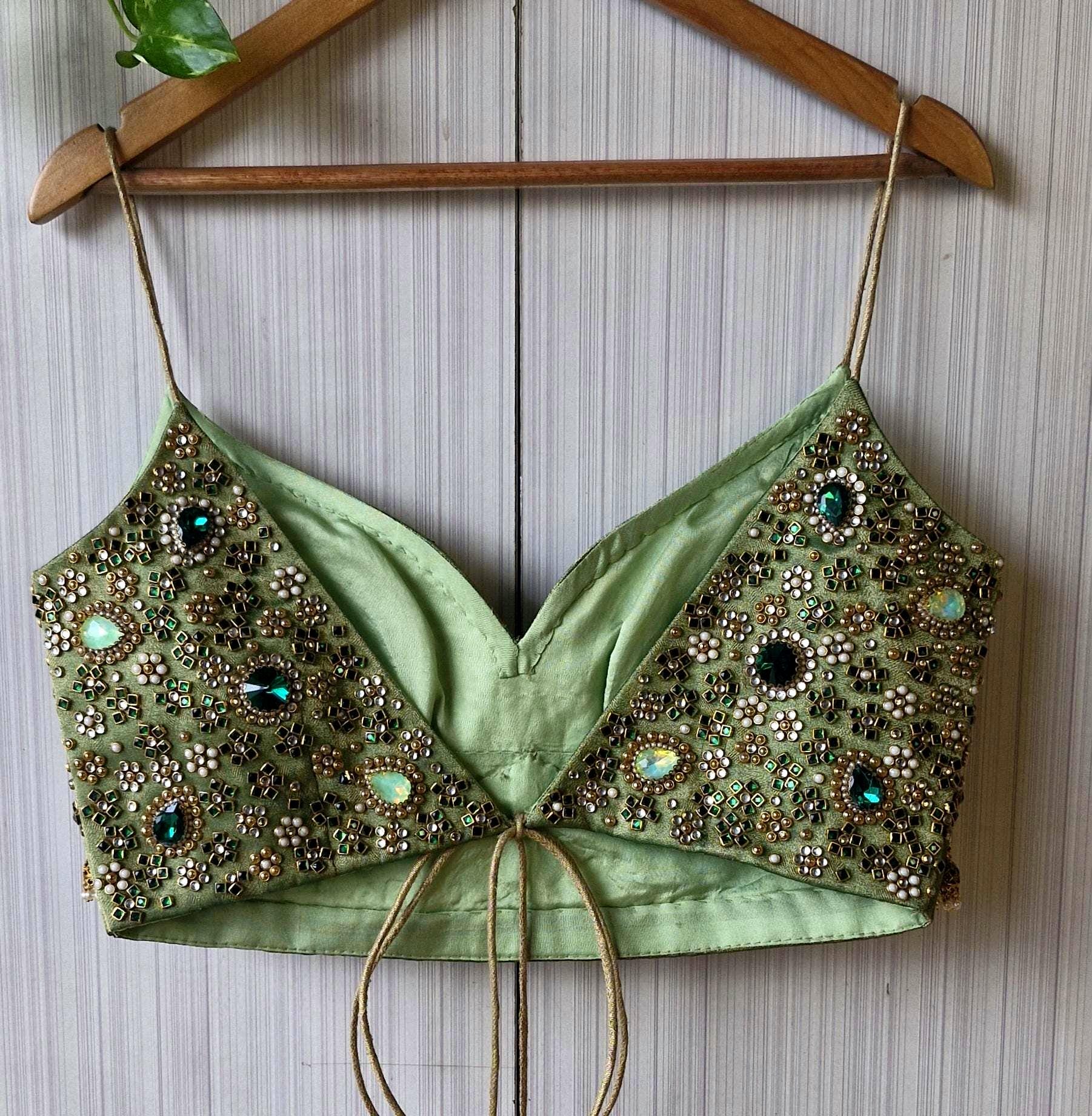 Hand Embroidered Green Saree Blouse, Kundan Embellishment, Bejeweled Bralette DVBL_507
