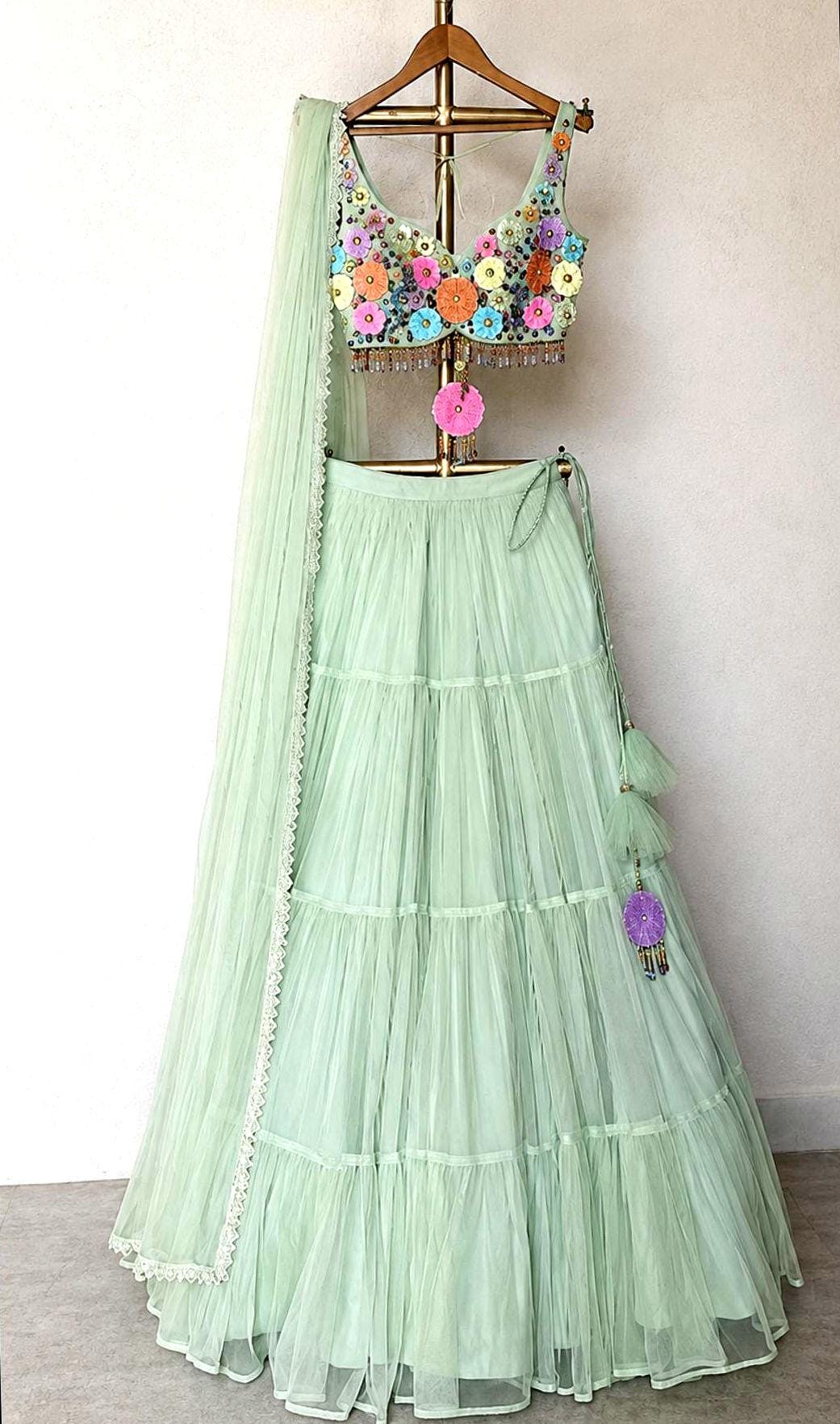 Hand Embroidered Mint Green Net Lehenga Set DVMTD_0300