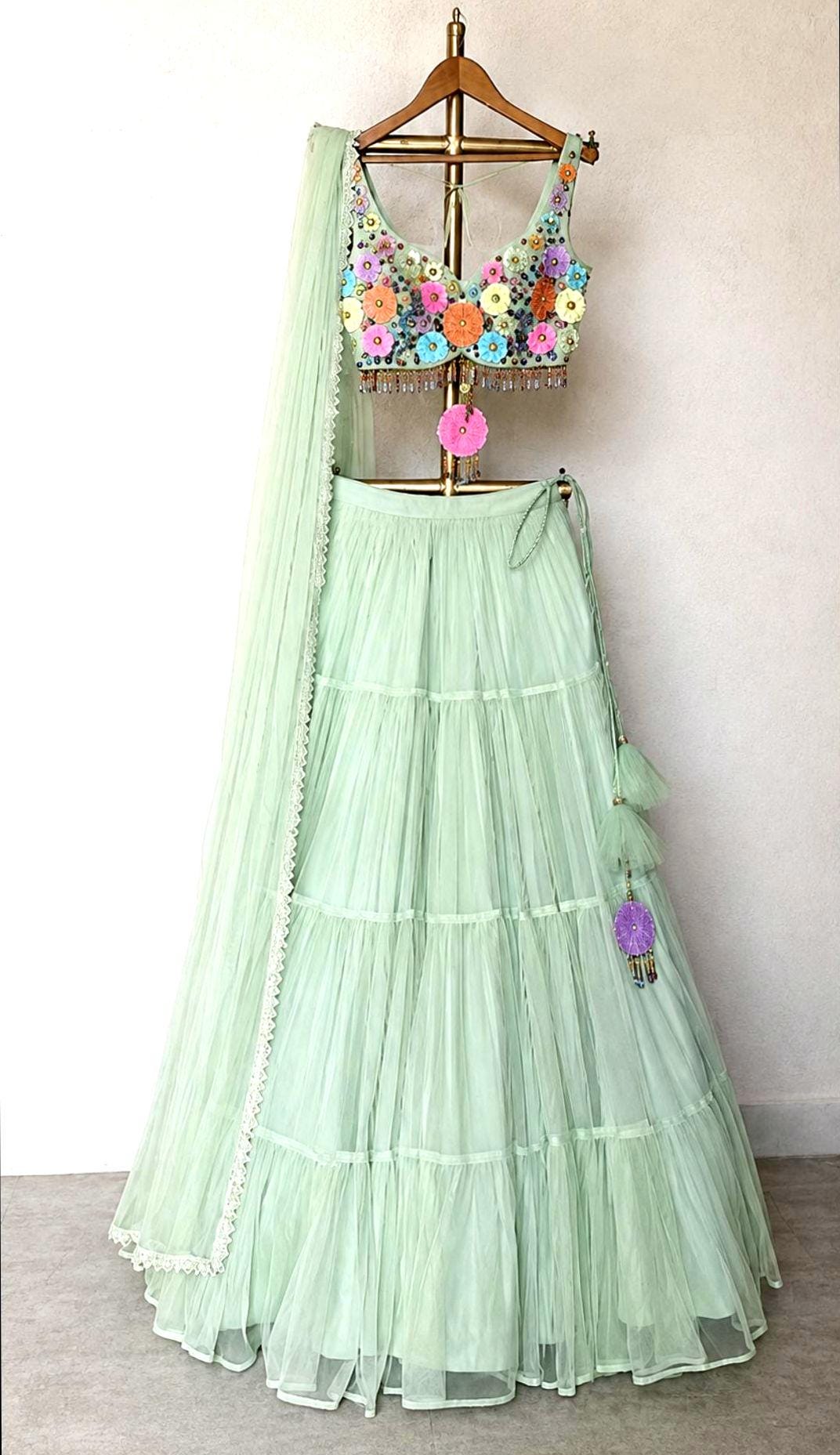 Hand Embroidered Mint Green Net Lehenga Set DVMTD_0300