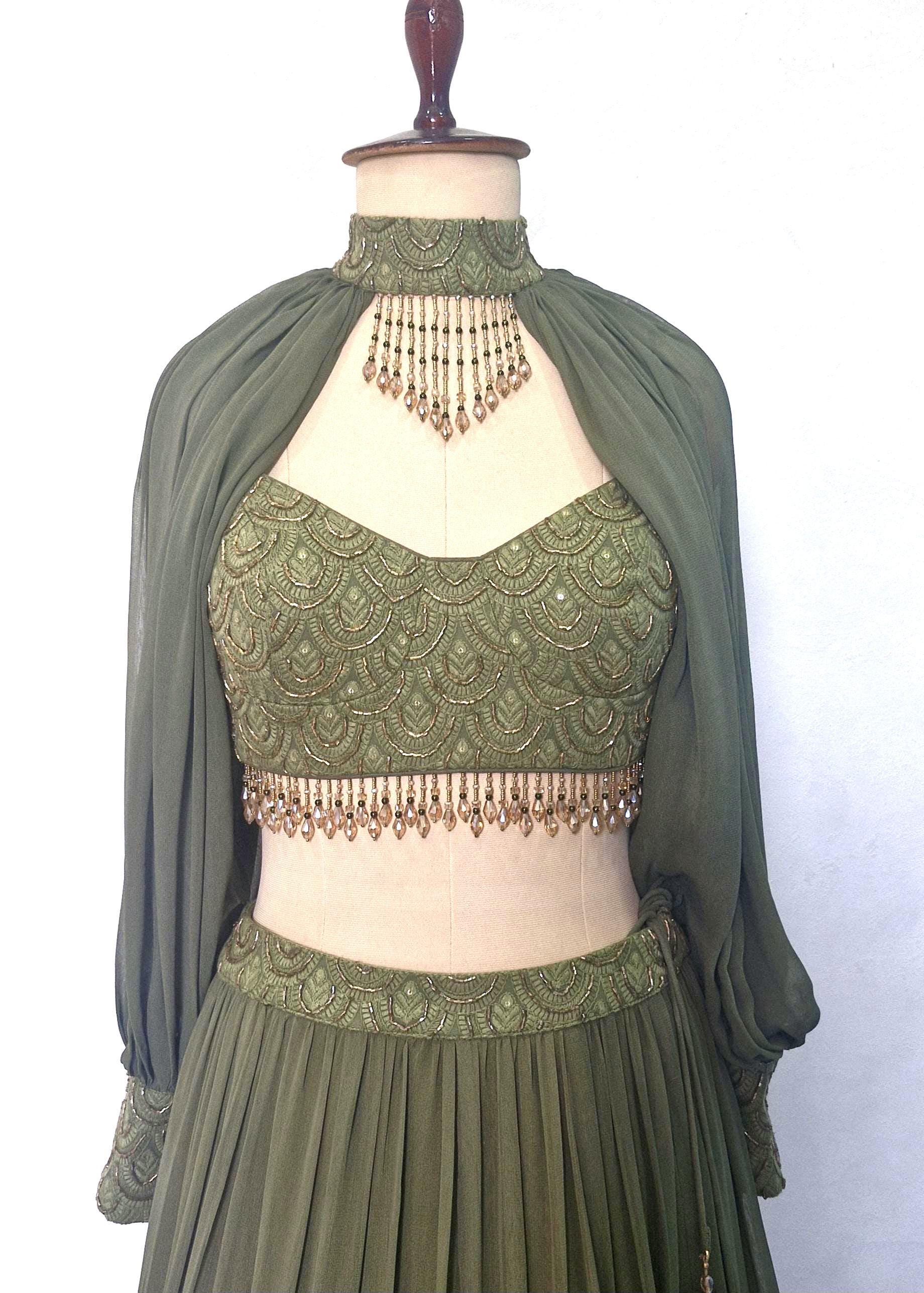 Olive Green Georgette Tiered Lehenga Choli. Embroidered Blouse, Bishop Sleeves. Mehendi Outfit DVMTD_0298