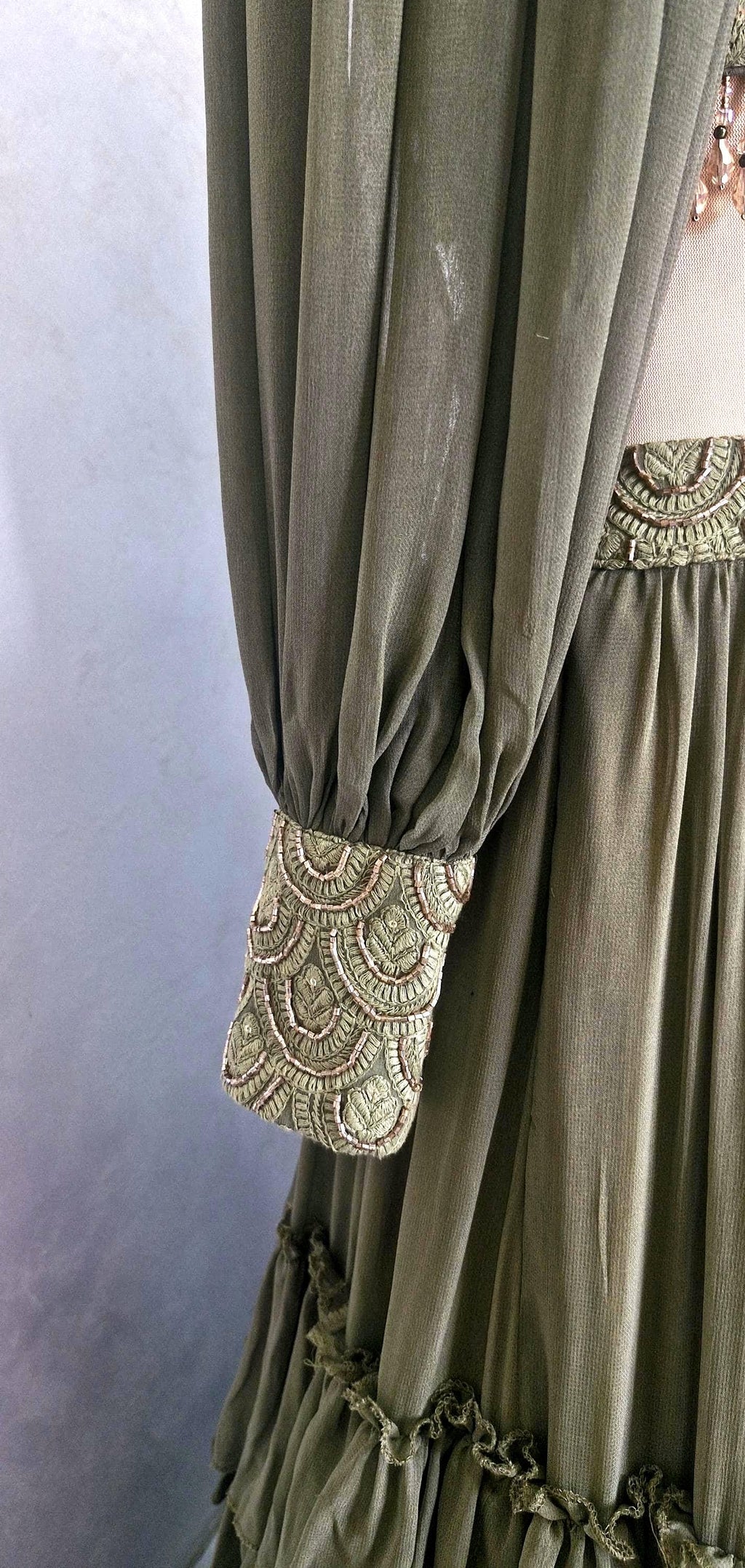 Olive Green Georgette Tiered Lehenga Choli. Embroidered Blouse, Bishop Sleeves. Mehendi Outfit DVMTD_0298