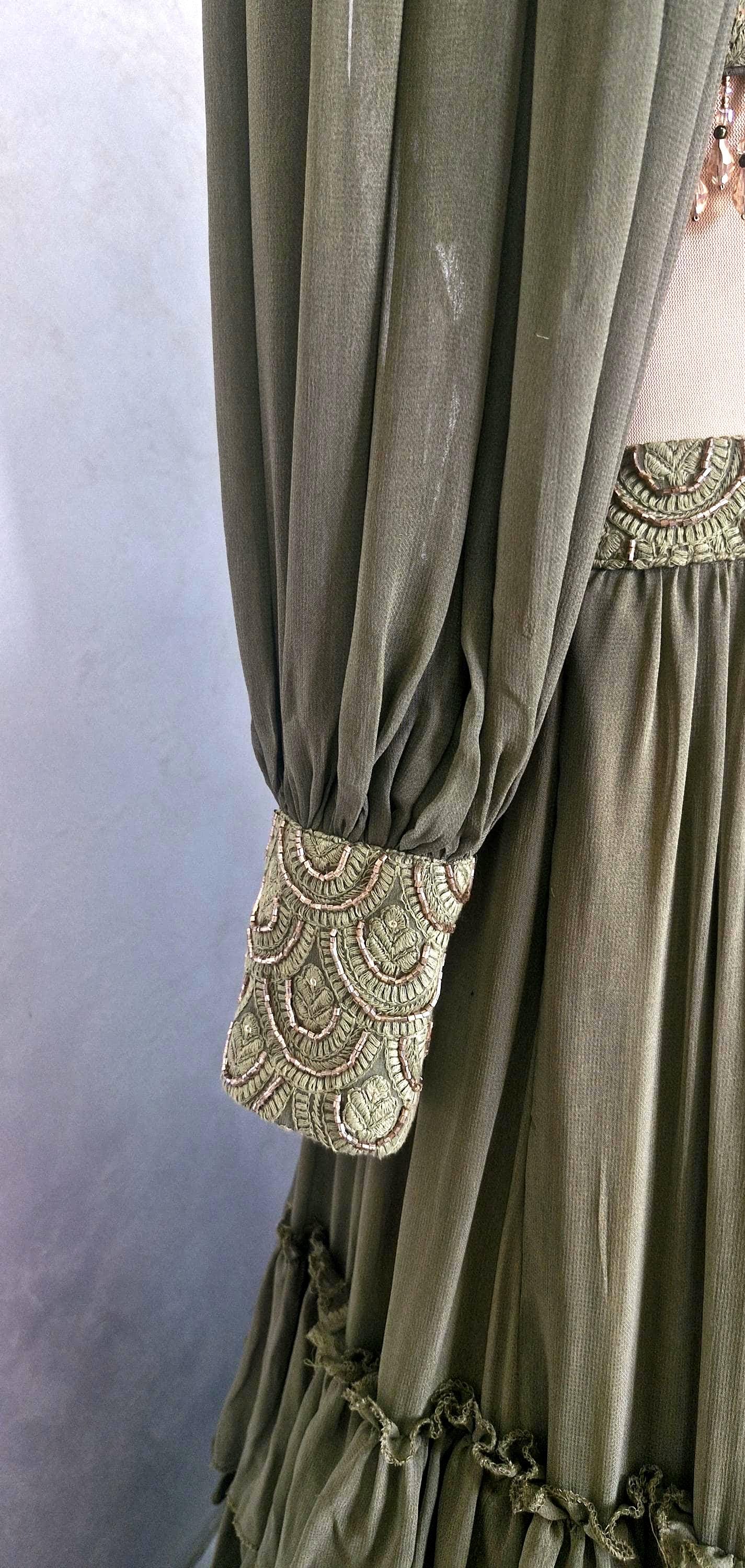 Olive Green Georgette Tiered Lehenga Choli. Embroidered Blouse, Bishop Sleeves. Mehendi Outfit DVMTD_0298