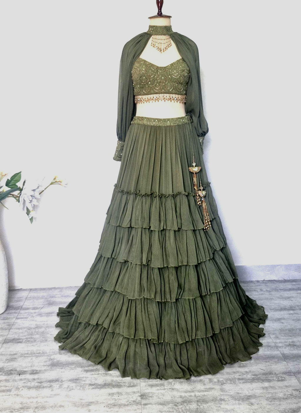 Olive Green Georgette Tiered Lehenga Choli. Embroidered Blouse, Bishop Sleeves. Mehendi Outfit DVMTD_0298