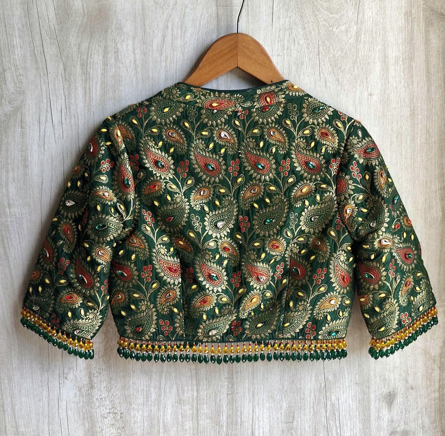 Green Brocade Saree Blouse, Deep V Neck, Kundan Embellished, Beads Fringes DVBL_505