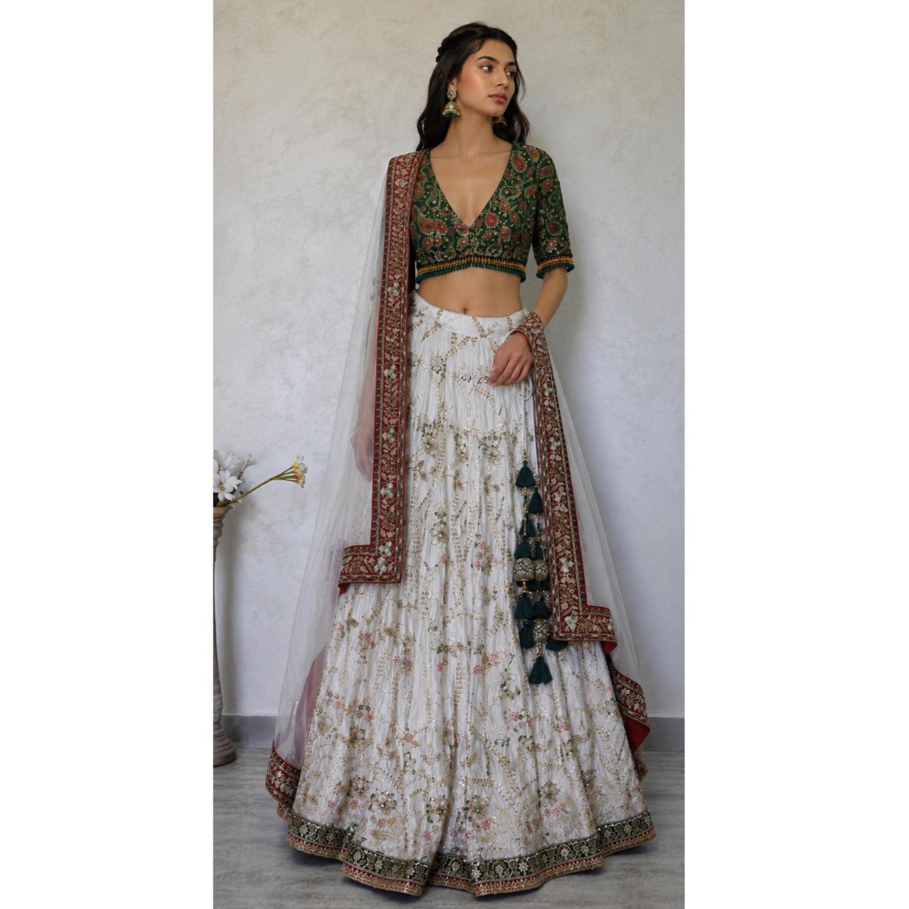 Embroidered Ivory and Green Crepe Silk Lehenga Choli - Mehedi Lehenga DVMTD_0295