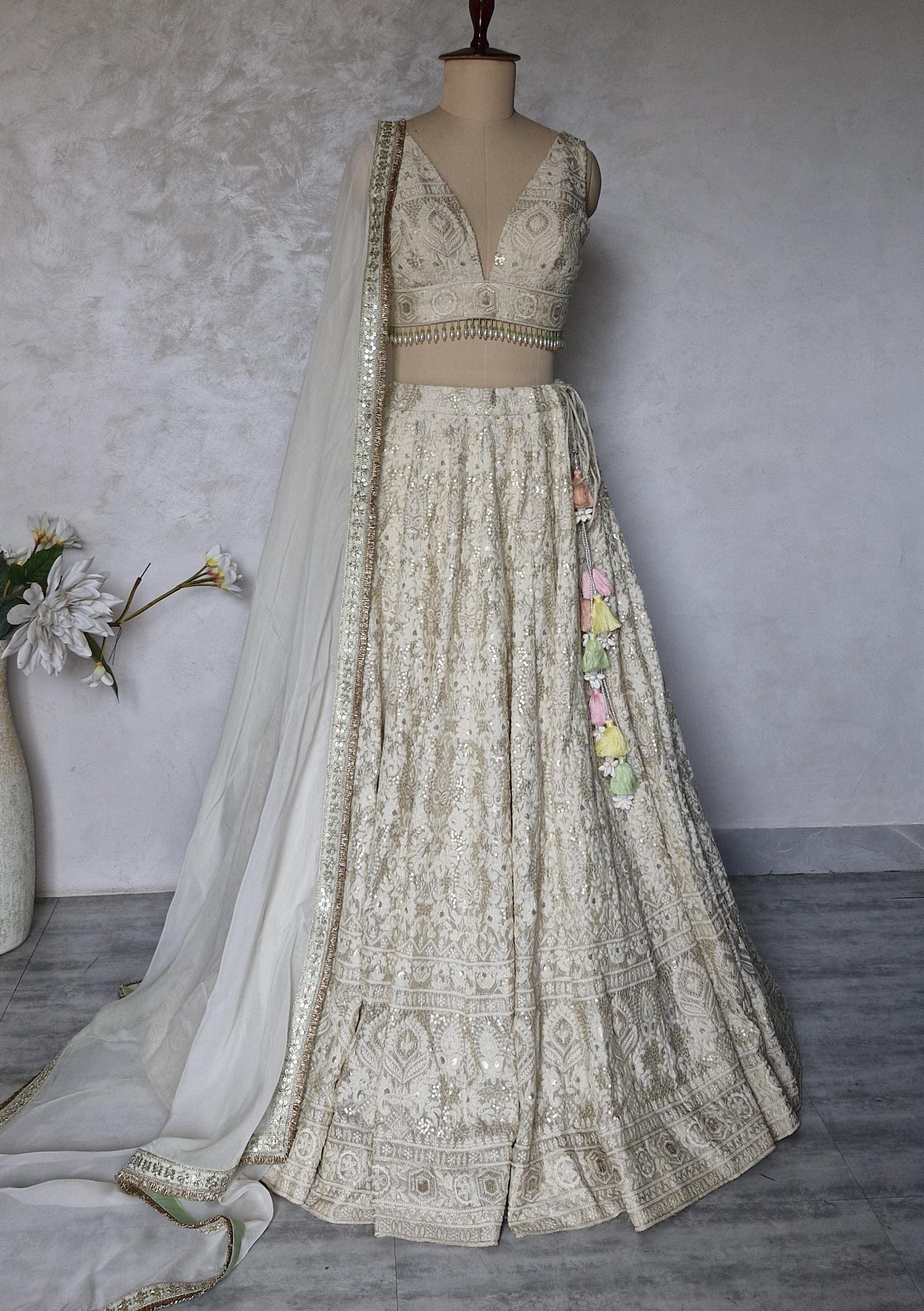 Embroidered Champagne Chikankari Tissue Silk Lehenga Choli DVMTD_0296