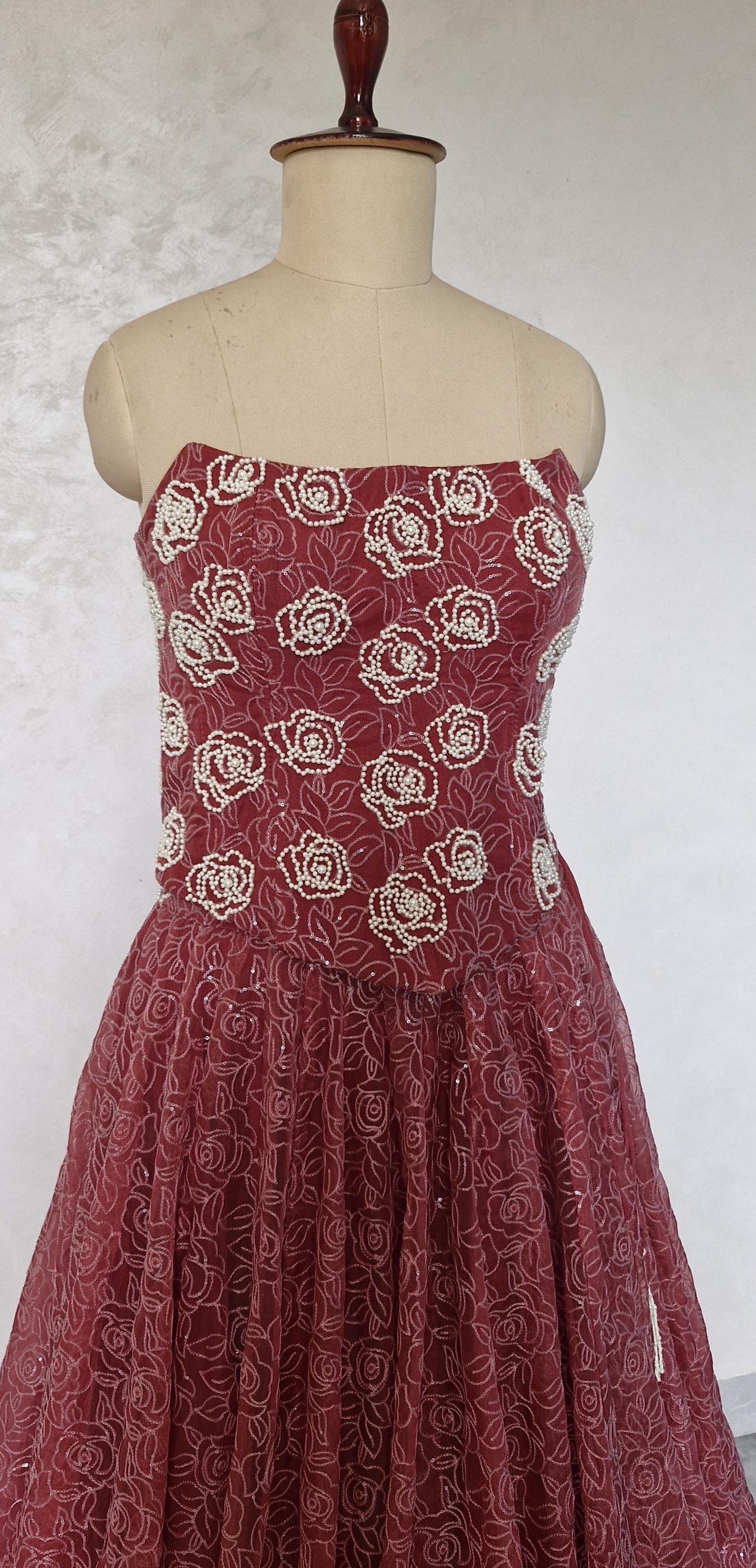 Embroidered Dusty Rose Organza Corset Lehenga Set DVMTD_0297