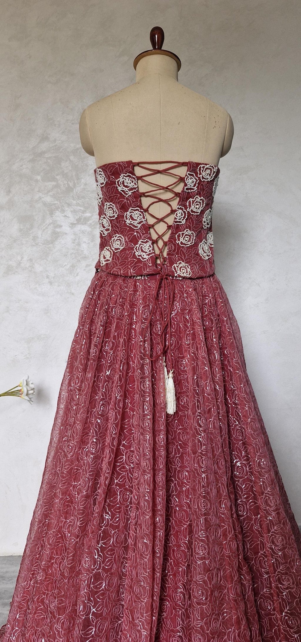 Embroidered Dusty Rose Organza Corset Lehenga Set DVMTD_0297