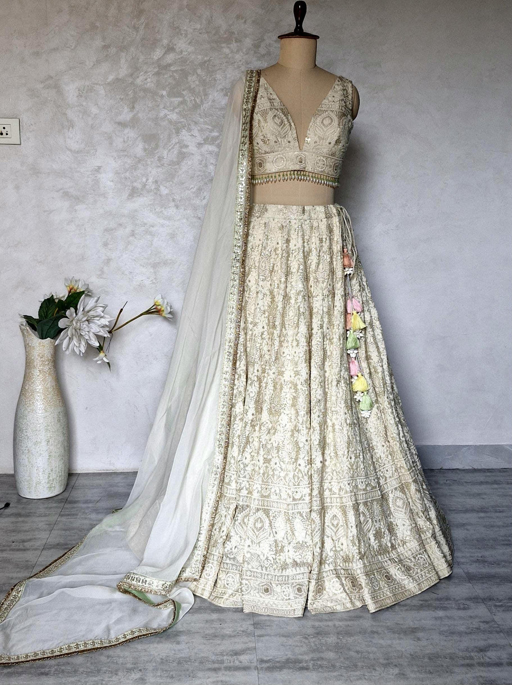 Embroidered Champagne Chikankari Tissue Silk Lehenga Choli DVMTD_0296