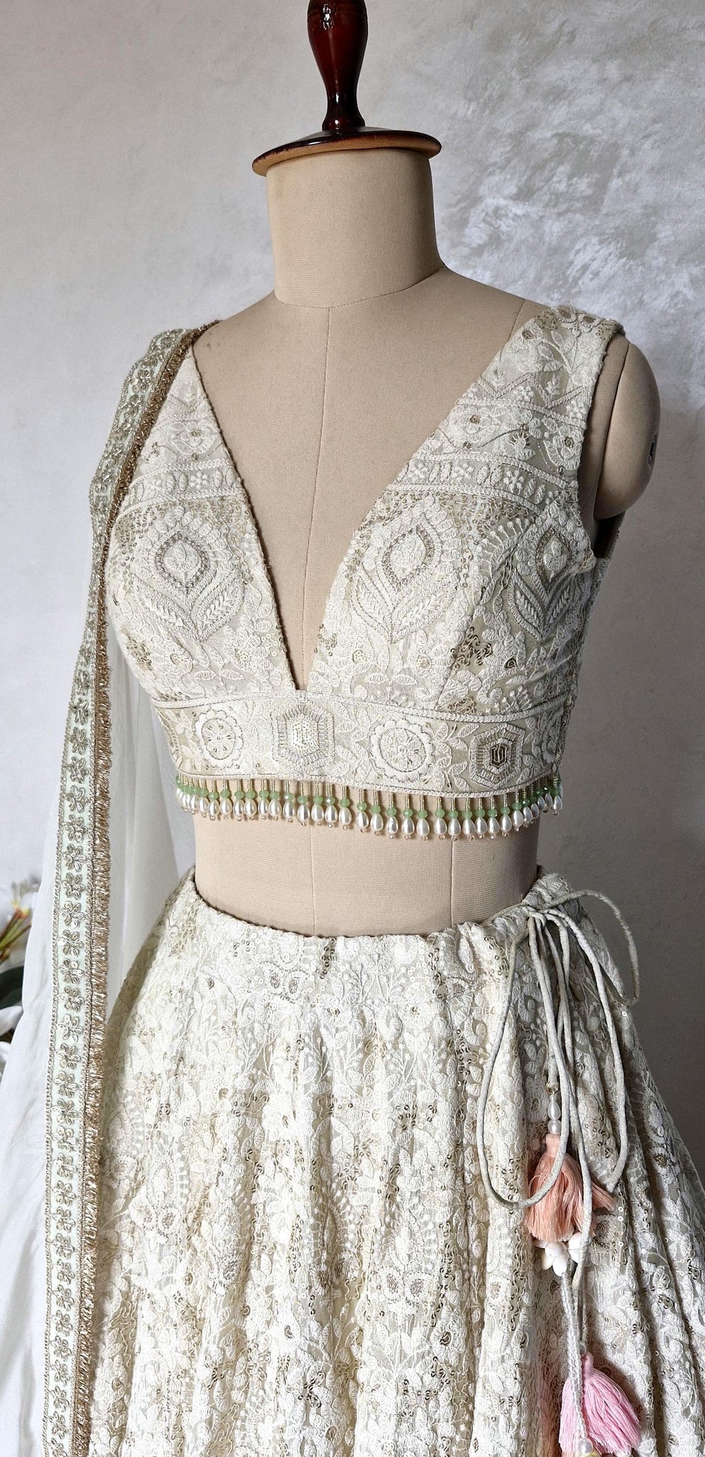 Embroidered Champagne Chikankari Tissue Silk Lehenga Choli DVMTD_0296