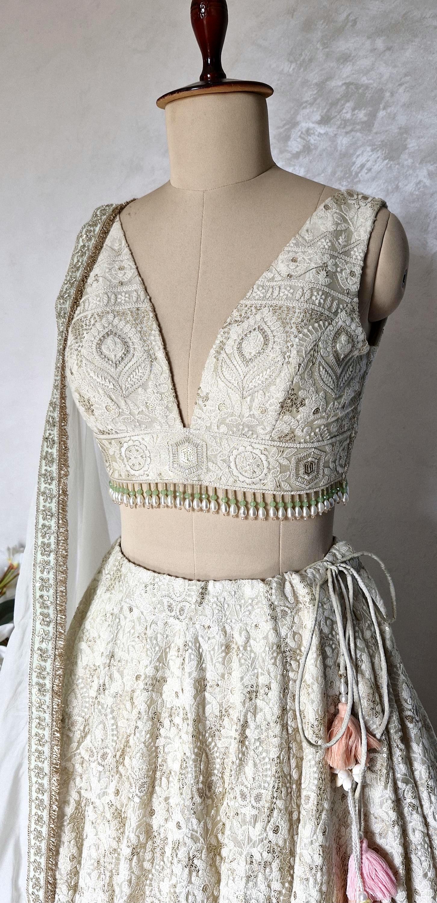 Embroidered Champagne Chikankari Tissue Silk Lehenga Choli DVMTD_0296