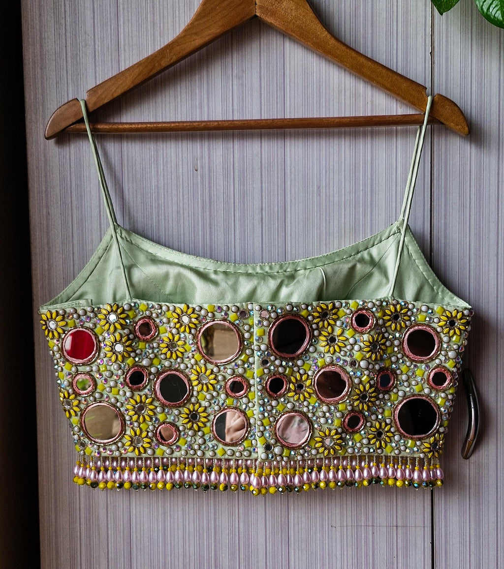 Hand Embroidered Mint Green Bejeweled Blouse Silk Spaghetti DVBL_511