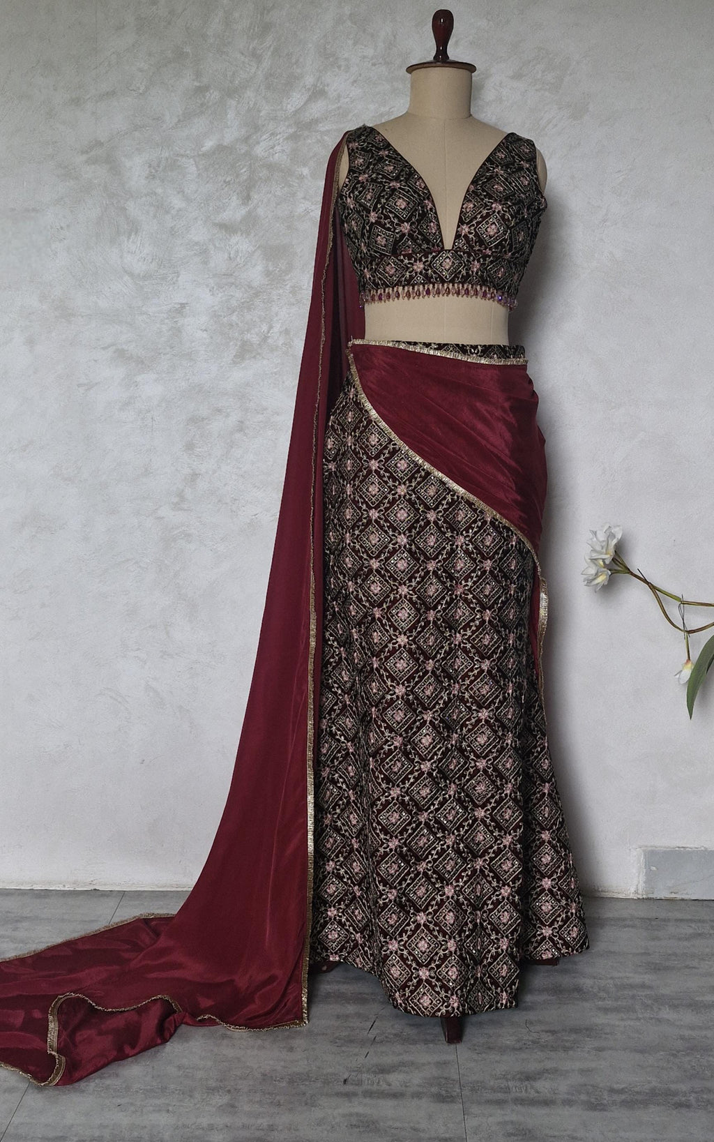 Maroon Velvet Slit Skirt Lehenga Set, Embroidered Made to Order Indian Co-ord DVMTD_0301