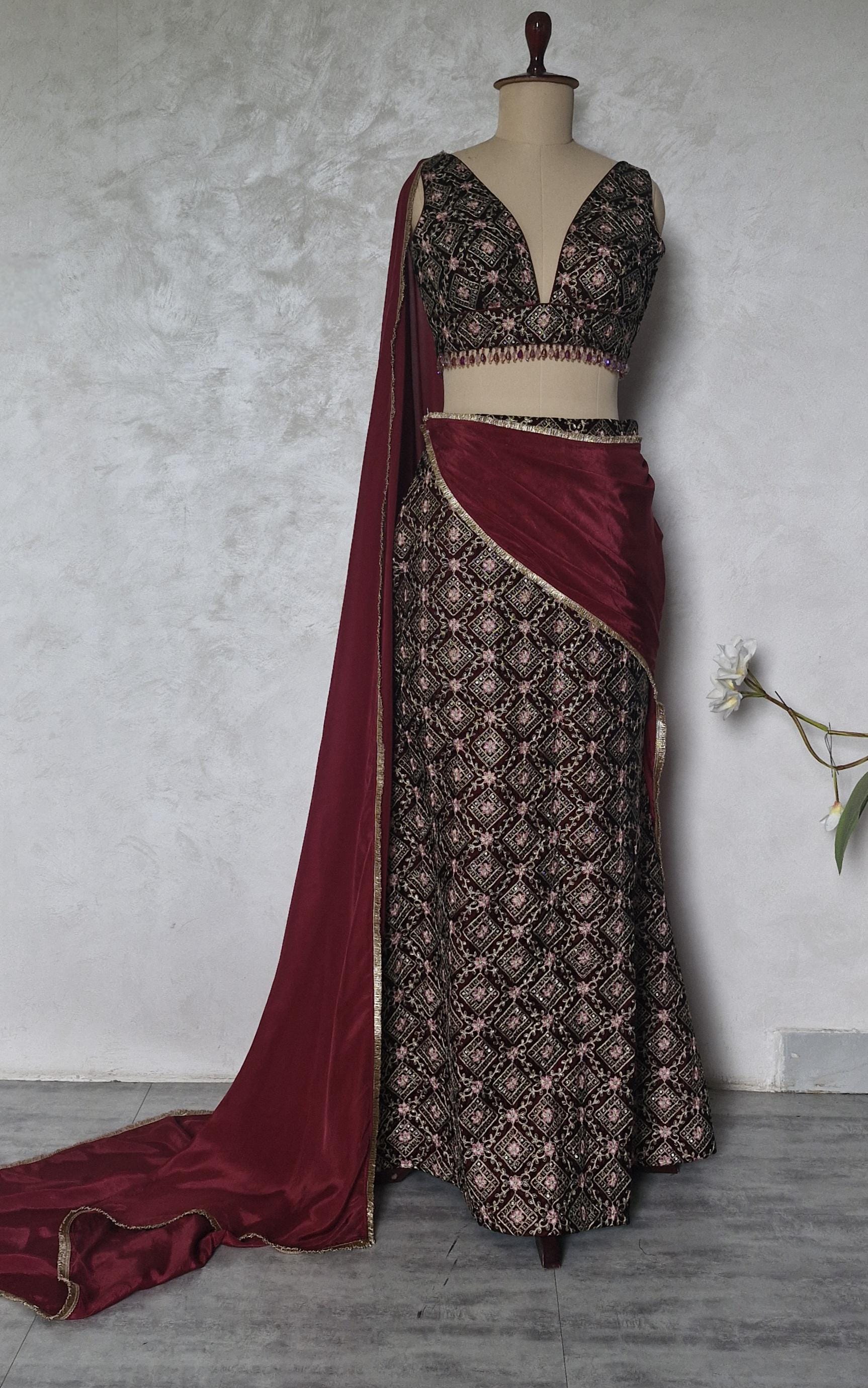 Maroon Velvet Slit Skirt Lehenga Set, Embroidered Made to Order Indian Co-ord DVMTD_0301