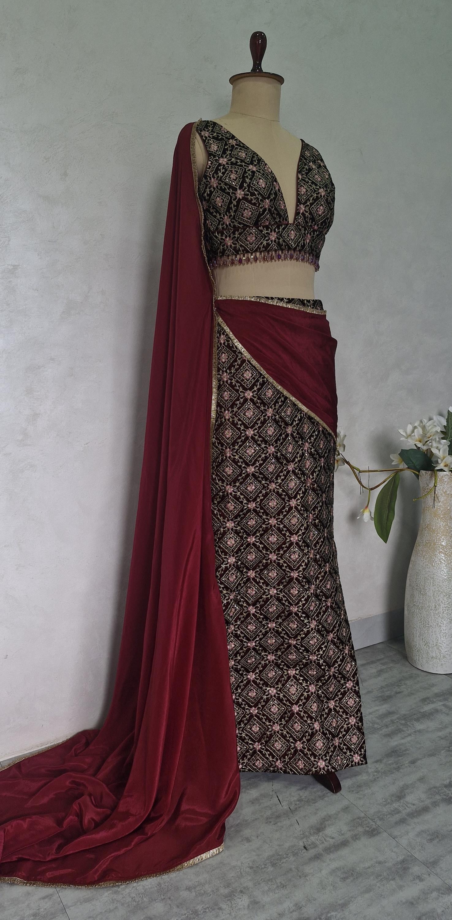 Maroon Velvet Slit Skirt Lehenga Set, Embroidered Made to Order Indian Co-ord DVMTD_0301