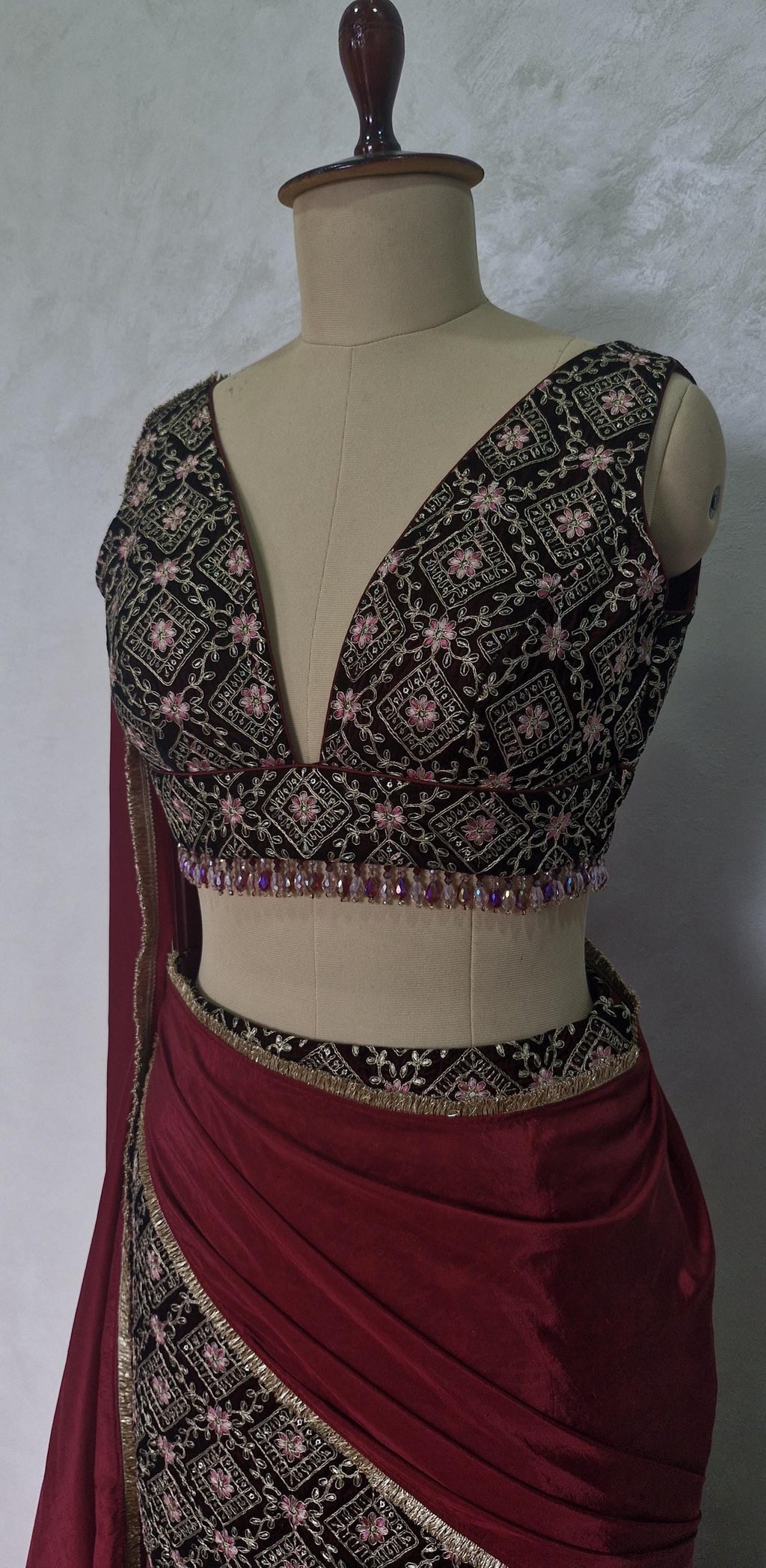 Maroon Velvet Slit Skirt Lehenga Set, Embroidered Made to Order Indian Co-ord DVMTD_0301