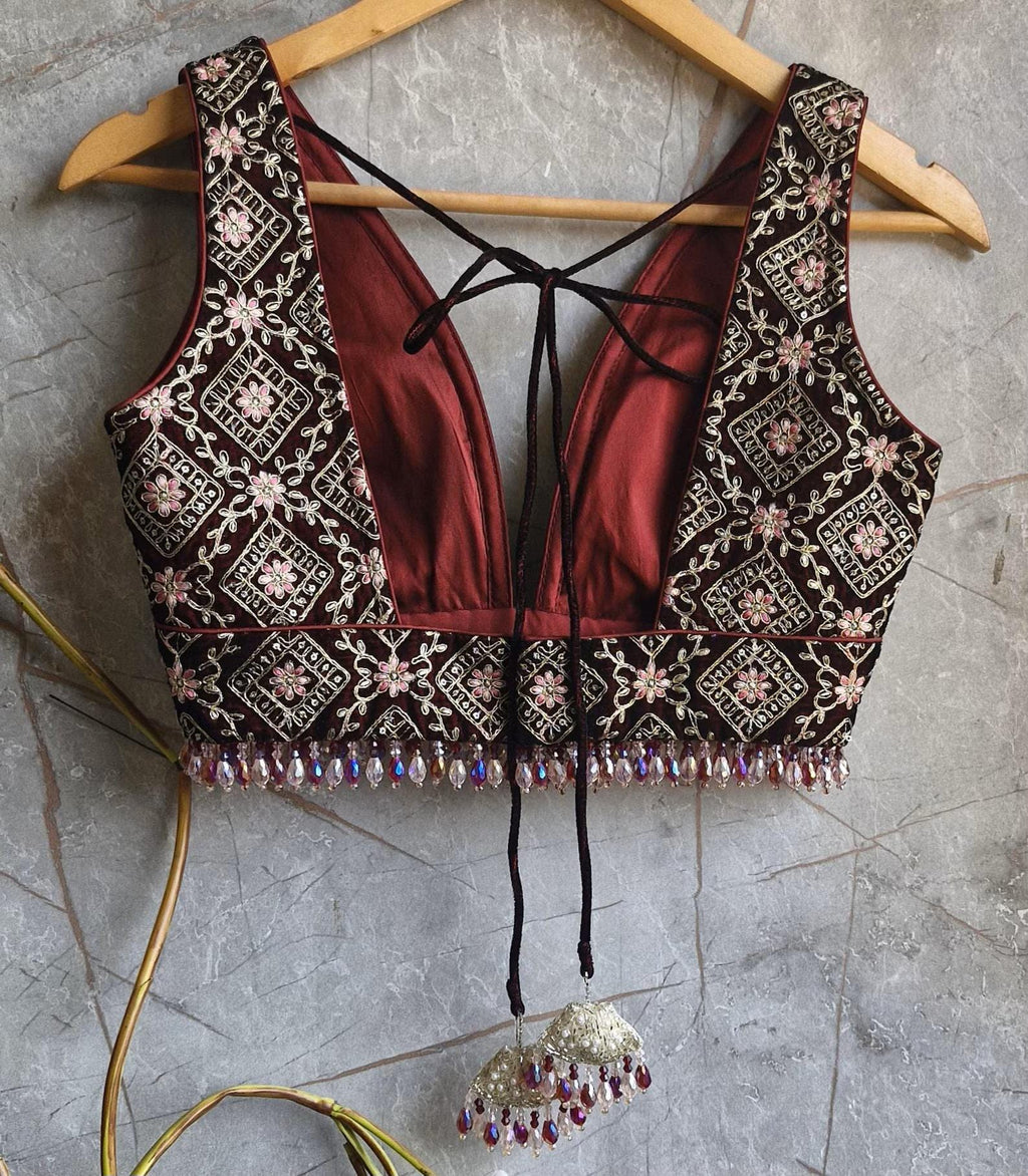 Maroon Velvet Slit Skirt Lehenga Set, Embroidered Made to Order Indian Co-ord DVMTD_0301