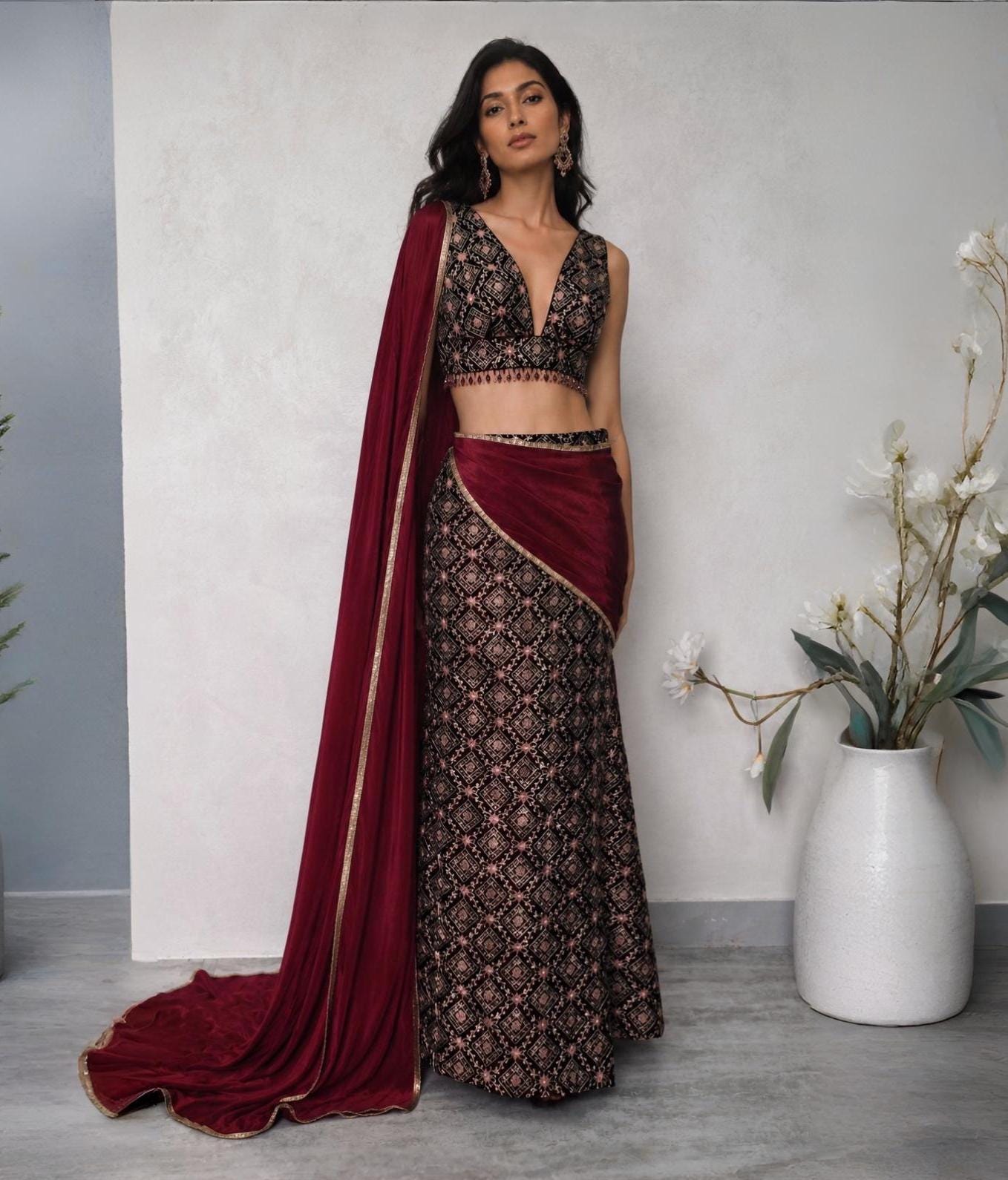 Maroon Velvet Slit Skirt Lehenga Set, Embroidered Made to Order Indian Co-ord DVMTD_0301