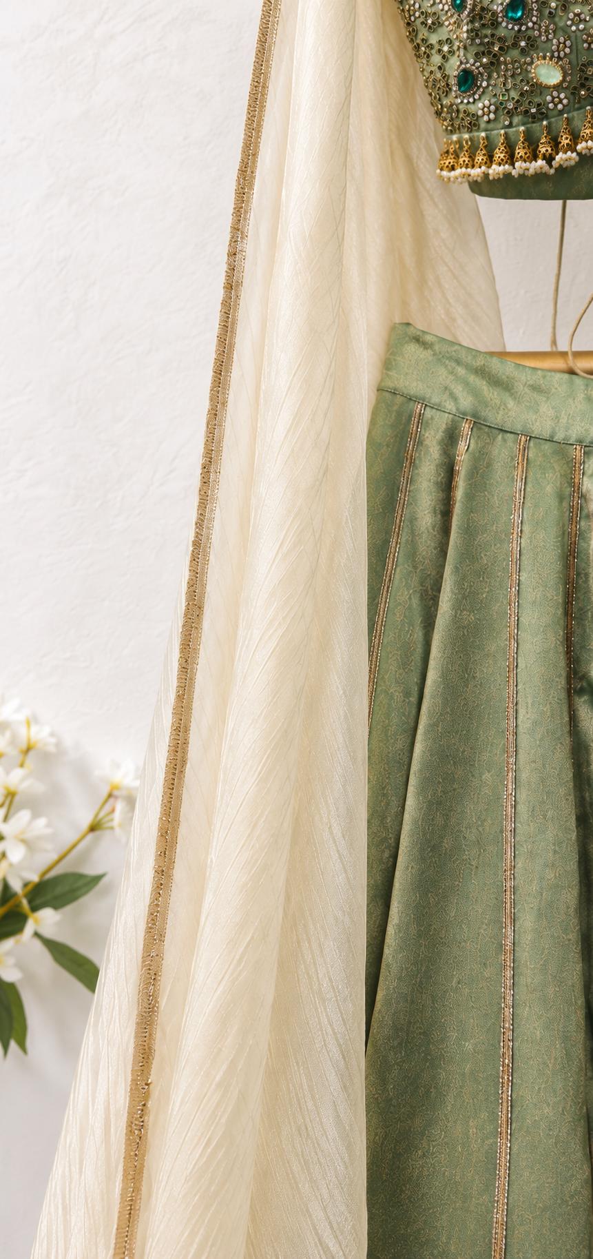 Hand Embroidered Green Tissue Silk Lehenga Set- Wedding Dress Mehendi Lehenga DVMTD_0299