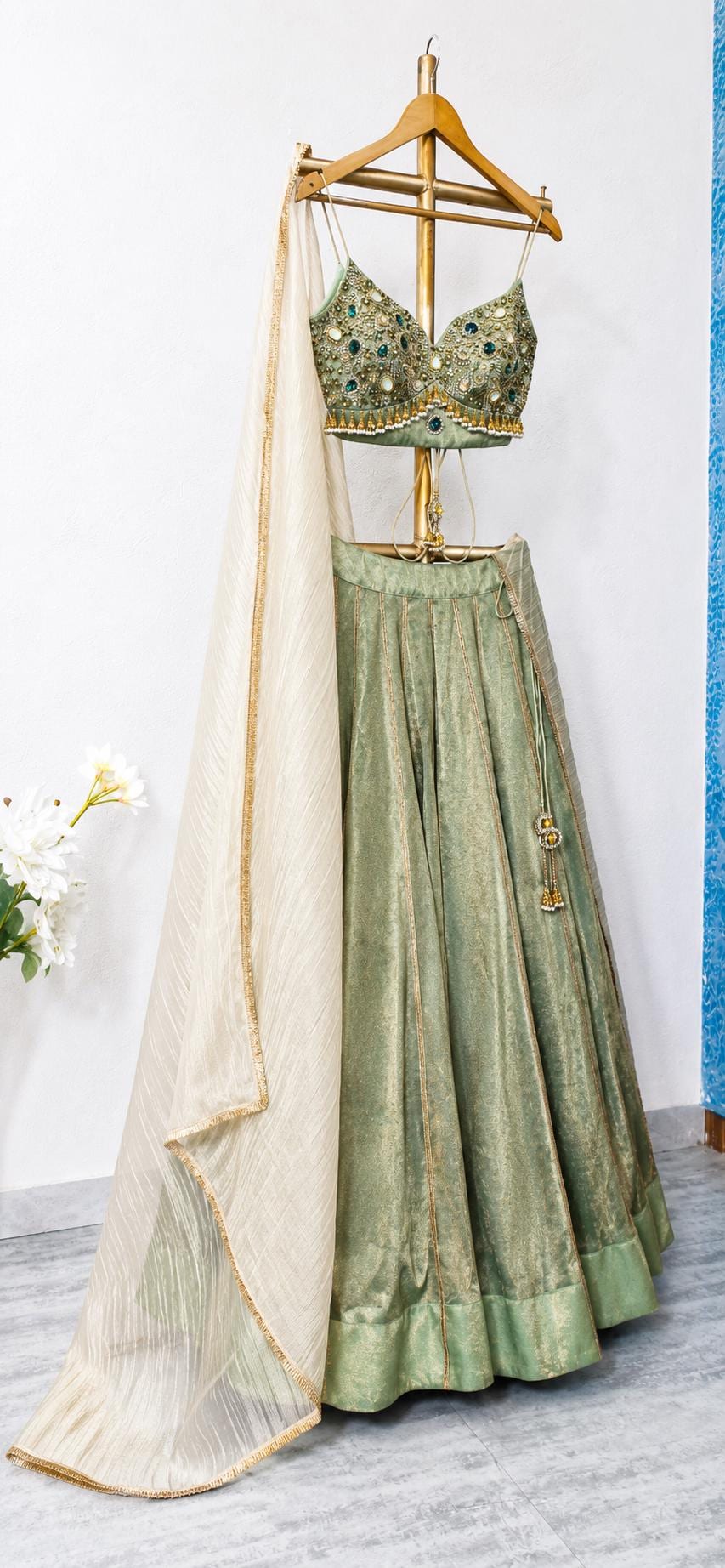 Hand Embroidered Green Tissue Silk Lehenga Set- Wedding Dress Mehendi Lehenga DVMTD_0299