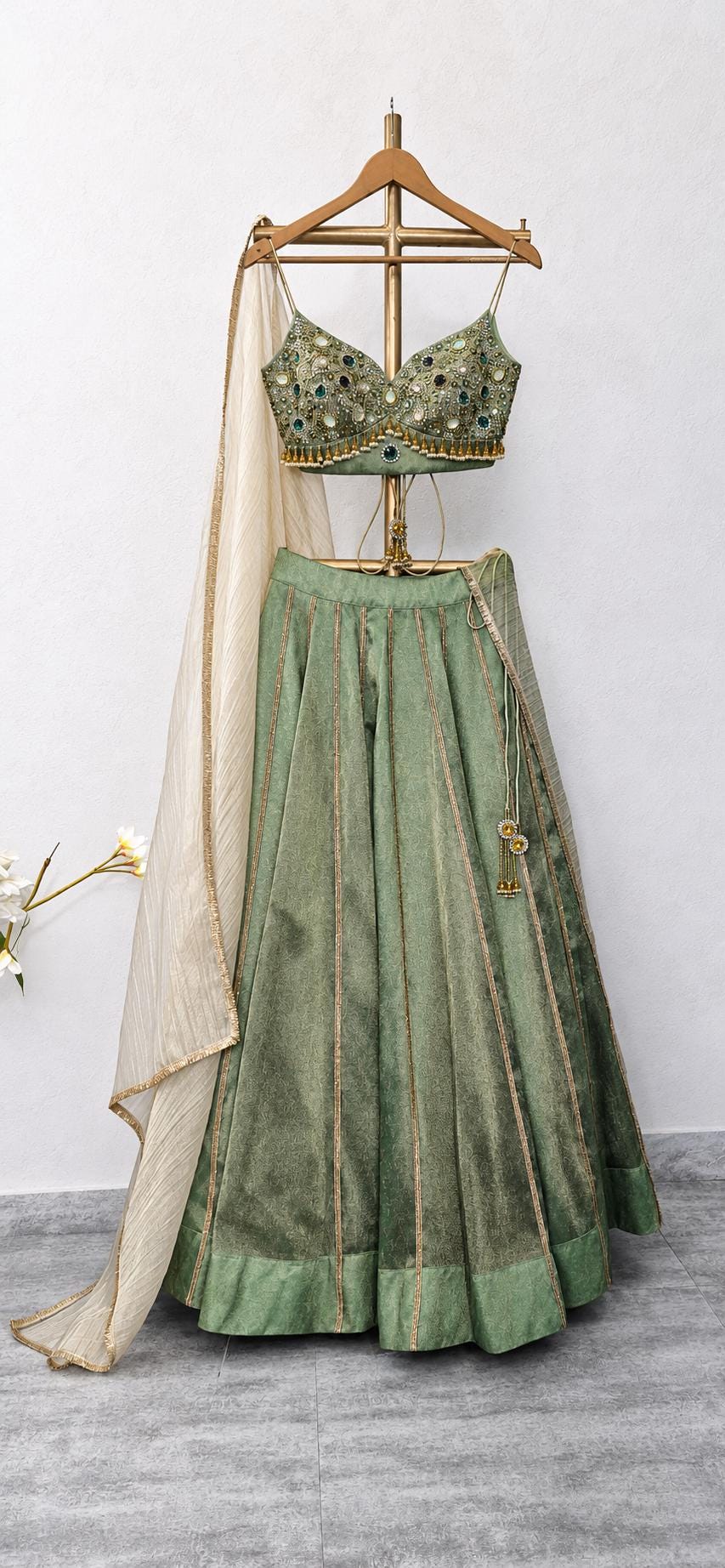 Hand Embroidered Green Tissue Silk Lehenga Set- Wedding Dress Mehendi Lehenga DVMTD_0299