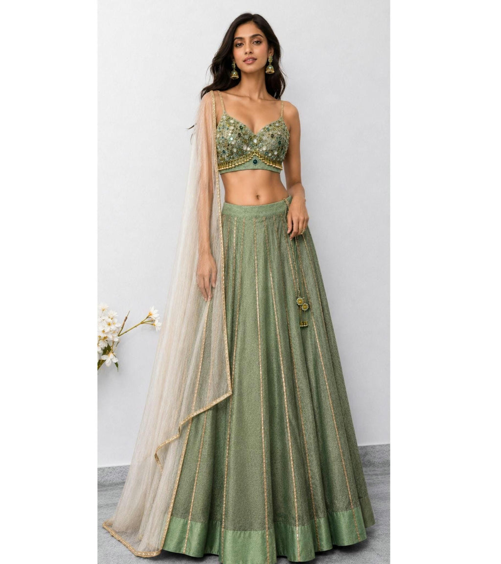 Hand Embroidered Green Tissue Silk Lehenga Set- Wedding Dress Mehendi Lehenga DVMTD_0299