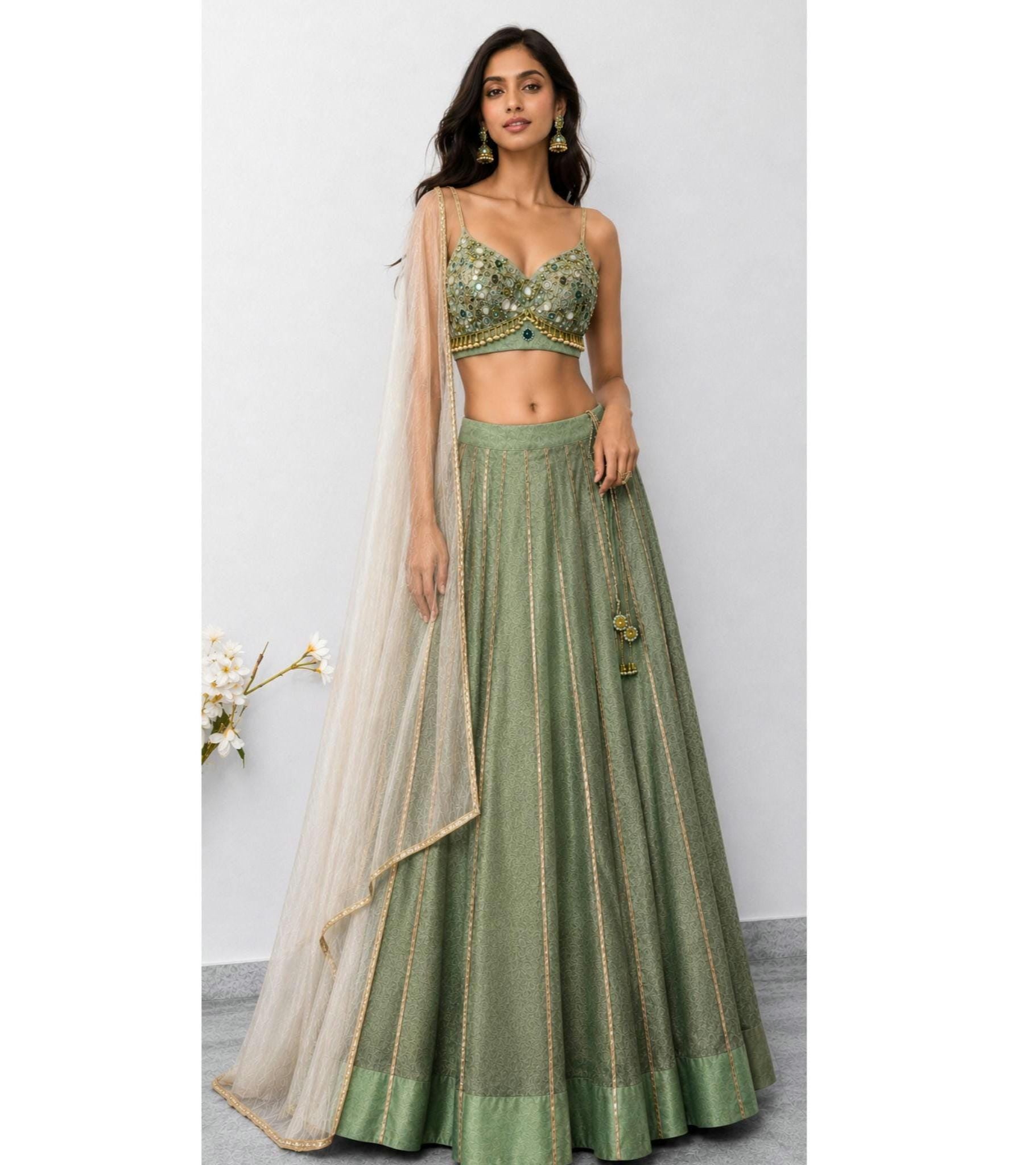 Hand Embroidered Green Tissue Silk Lehenga Set- Wedding Dress Mehendi Lehenga DVMTD_0299