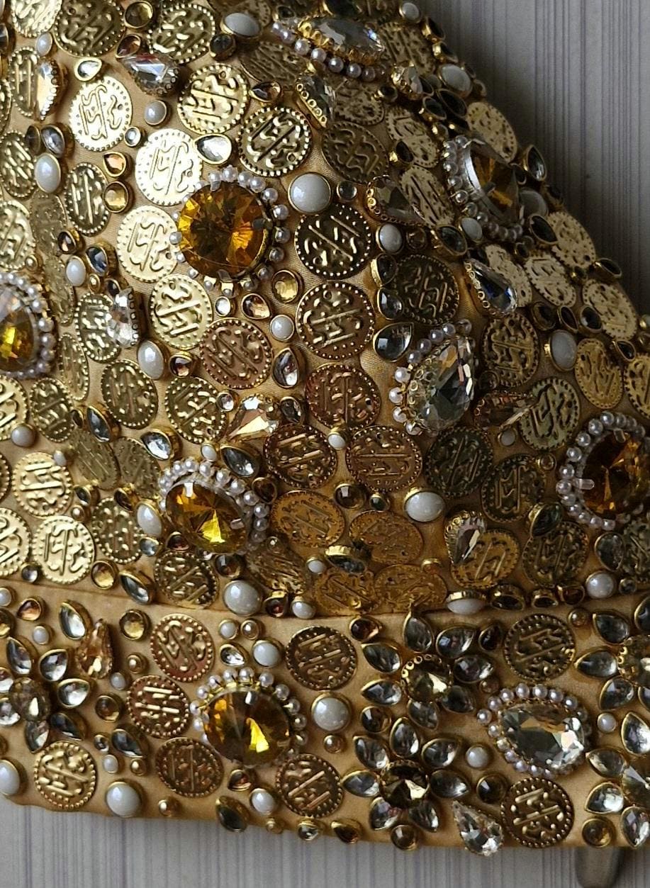Hand Embroidered Gold Bejeweled Blouse, Kundan Embellished, Spaghetti DVBL_510