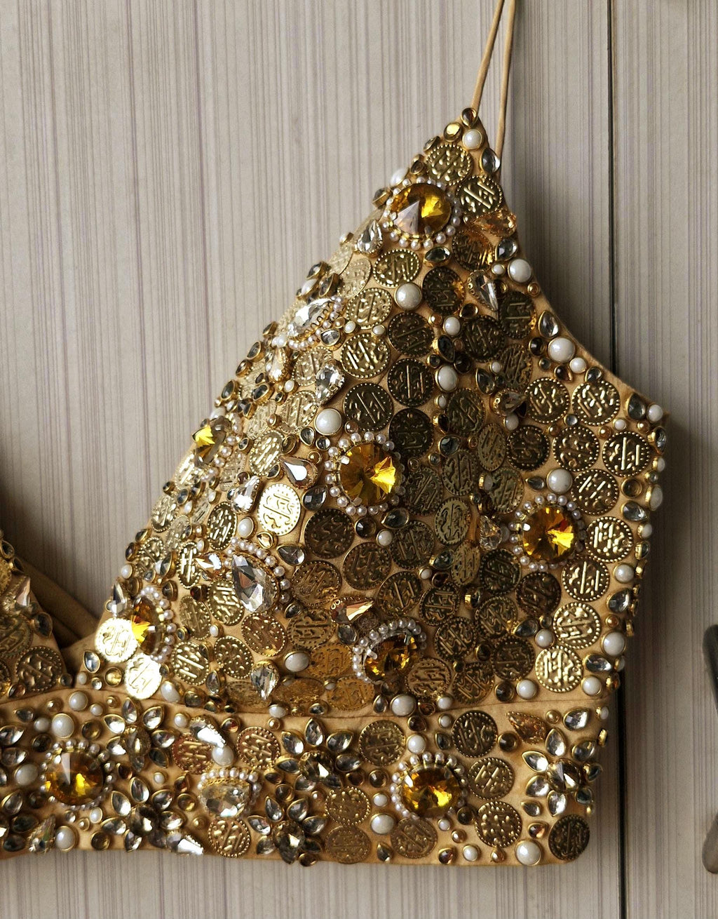 Hand Embroidered Gold Bejeweled Blouse, Kundan Embellished, Spaghetti DVBL_510