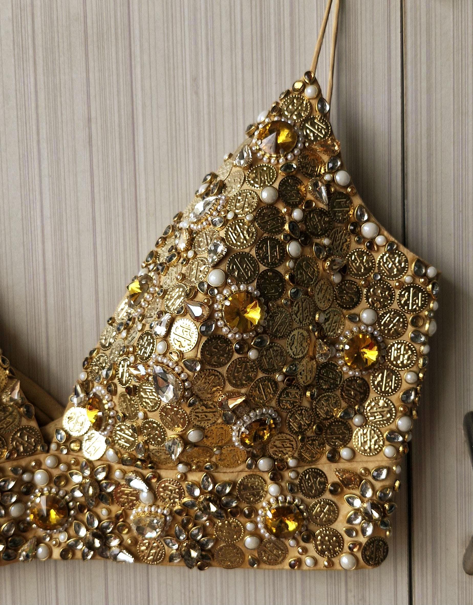 Hand Embroidered Gold Bejeweled Blouse, Kundan Embellished, Spaghetti DVBL_510