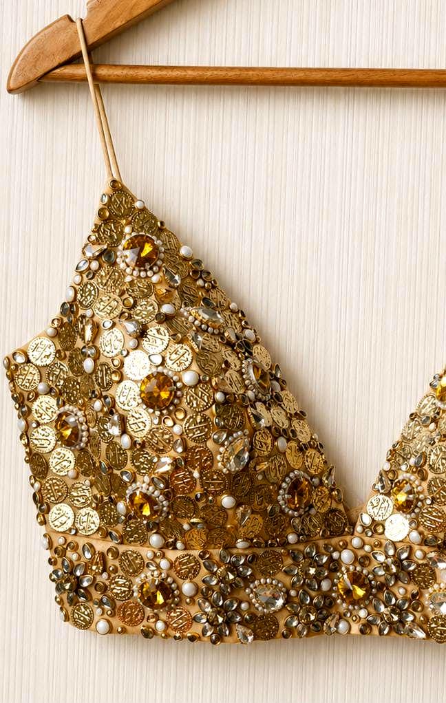 Hand Embroidered Gold Bejeweled Blouse, Kundan Embellished, Spaghetti DVBL_510