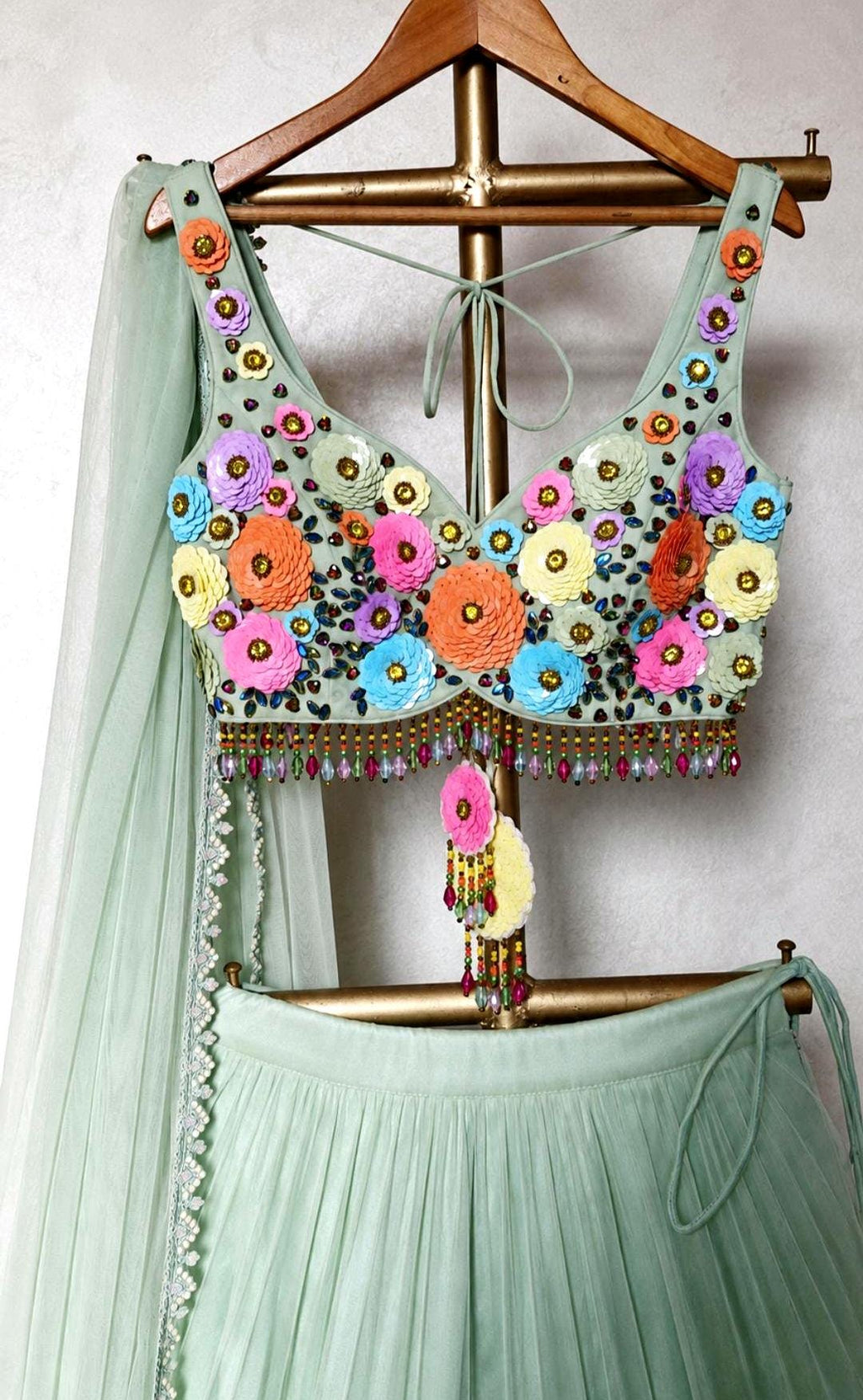 Hand Embroidered Mint Green Net Lehenga Set DVMTD_0300