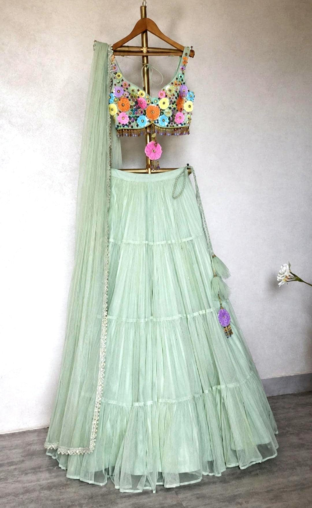 Hand Embroidered Mint Green Net Lehenga Set DVMTD_0300