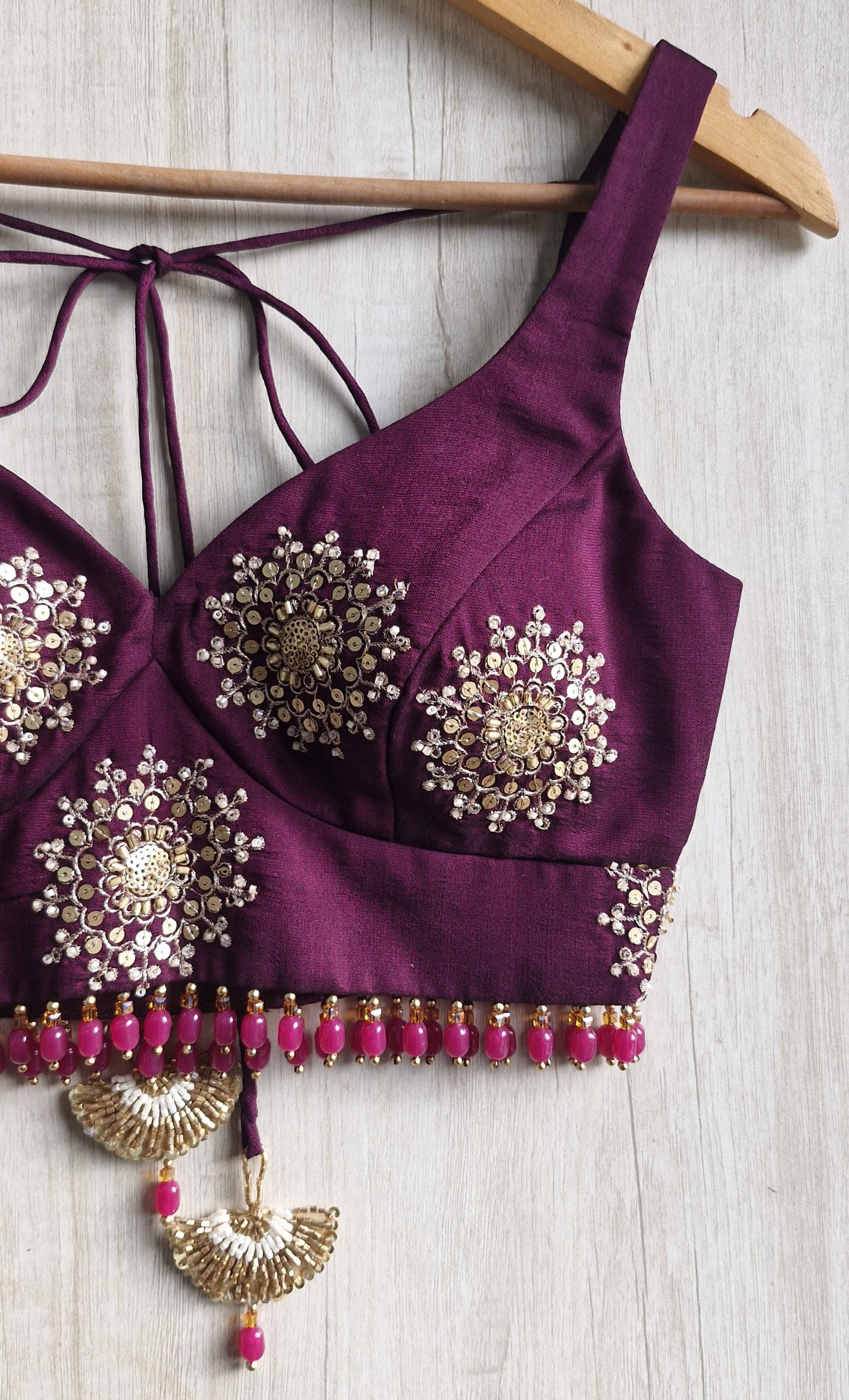 Wine Embroidered Silk Blouse -Sweetheart Neck Sleeveless DVBL_515