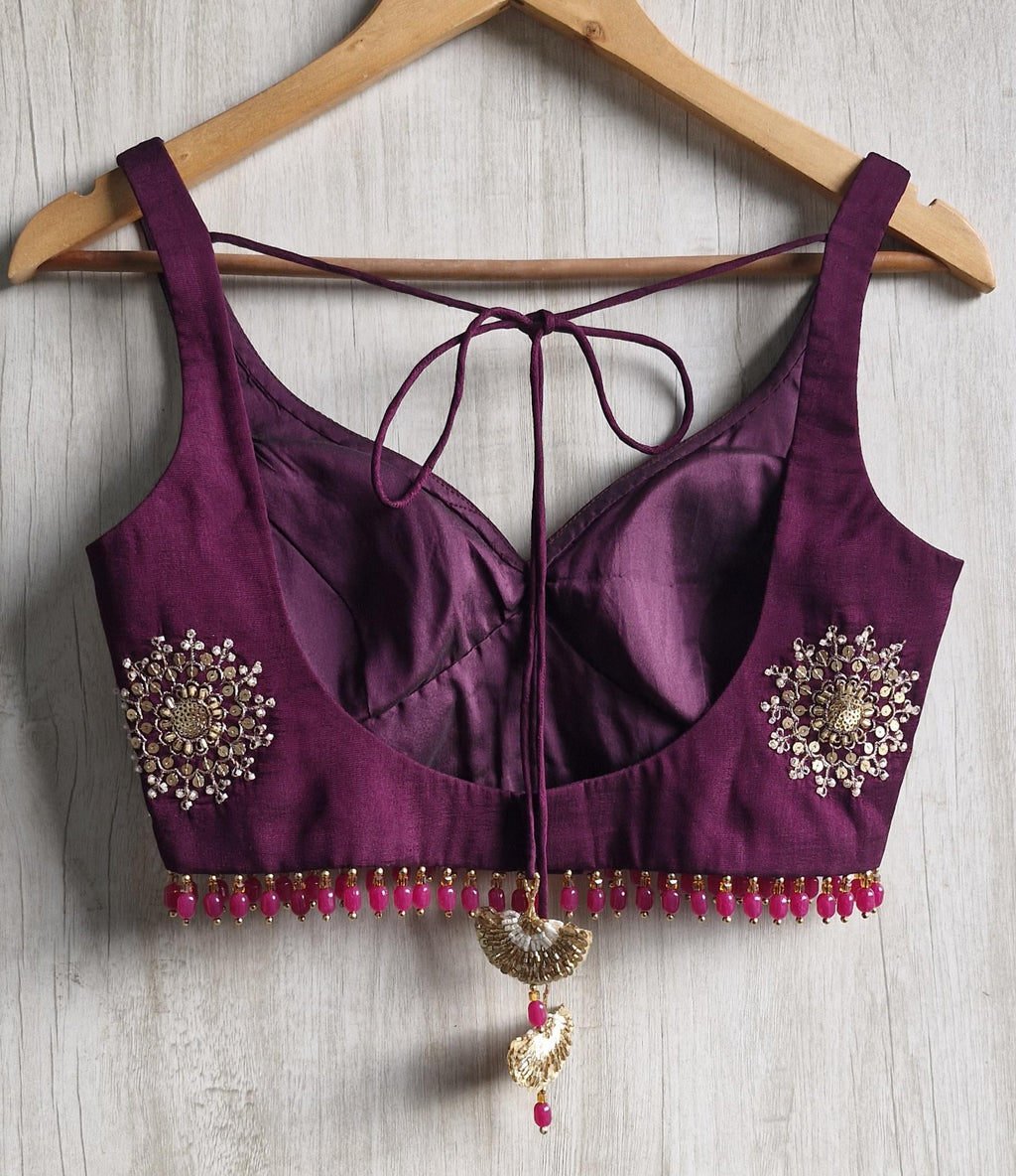Wine Embroidered Silk Blouse -Sweetheart Neck Sleeveless DVBL_515