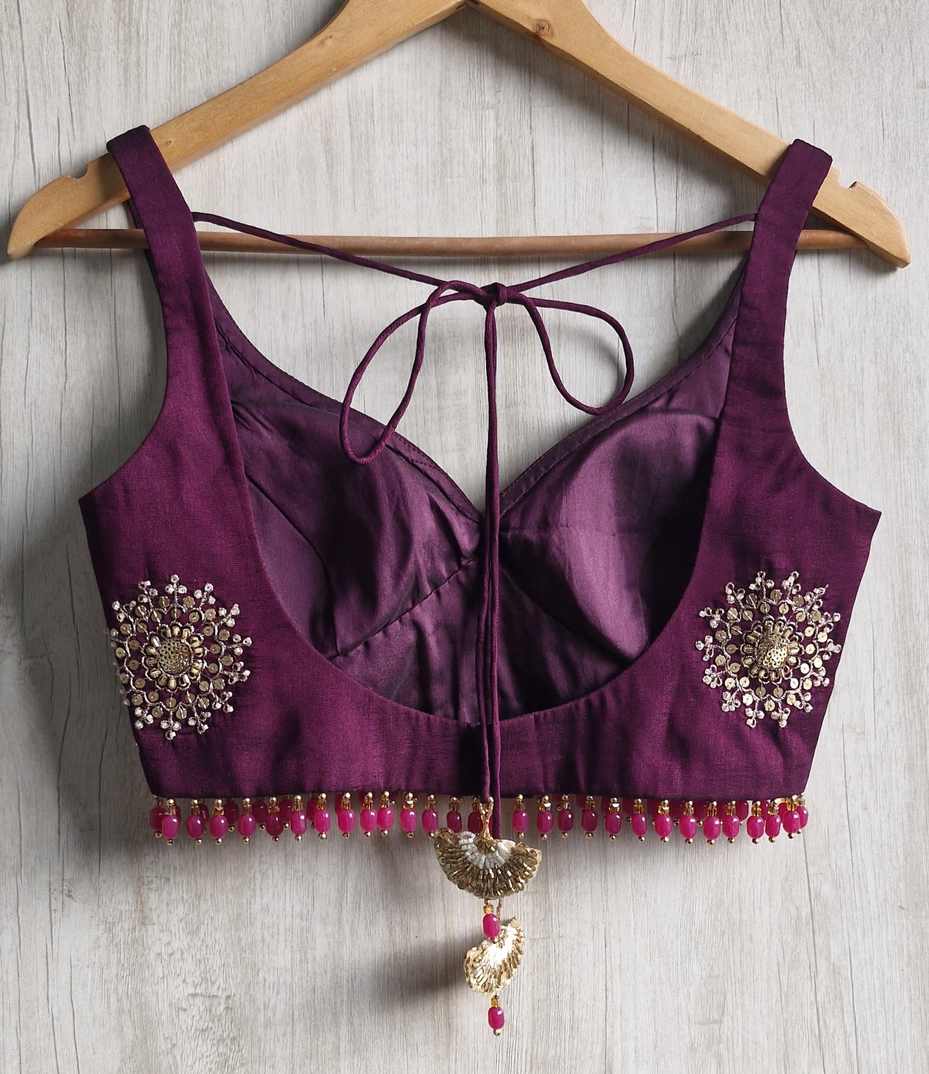 Wine Embroidered Silk Blouse -Sweetheart Neck Sleeveless DVBL_515