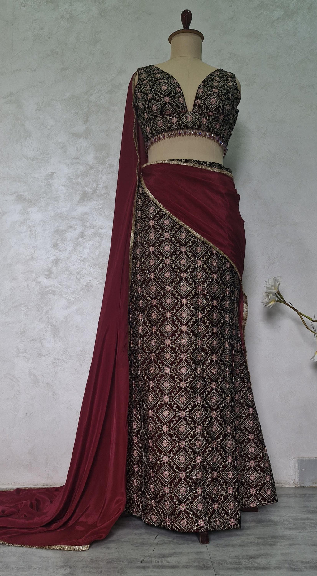 Maroon Velvet Slit Skirt Lehenga Set, Embroidered Made to Order Indian Co-ord DVMTD_0301