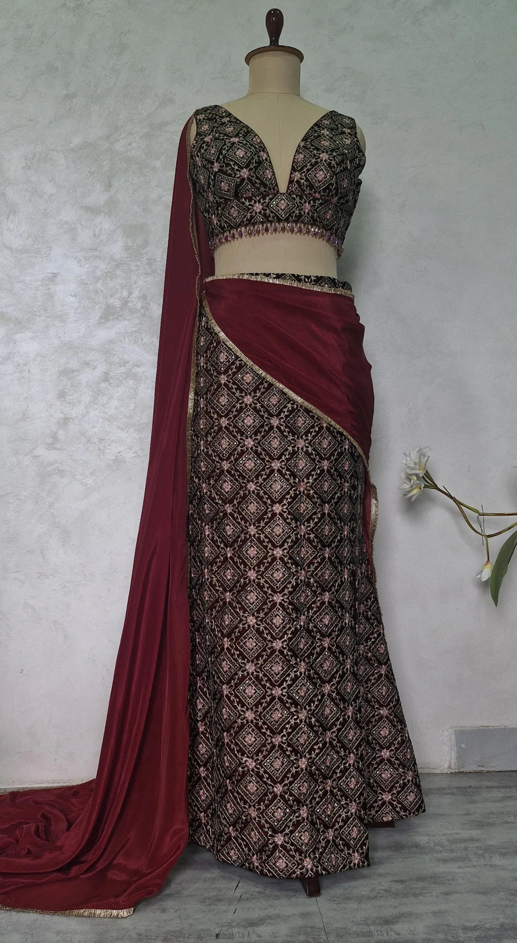 Maroon Velvet Slit Skirt Lehenga Set, Embroidered Made to Order Indian Co-ord DVMTD_0301
