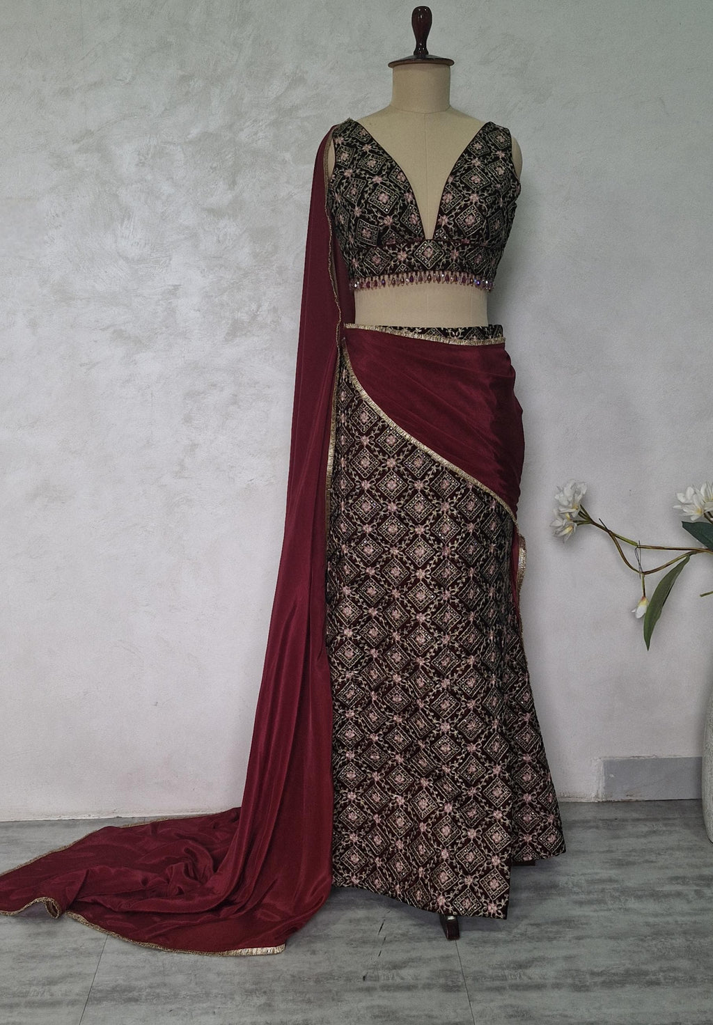Maroon Velvet Slit Skirt Lehenga Set, Embroidered Made to Order Indian Co-ord DVMTD_0301