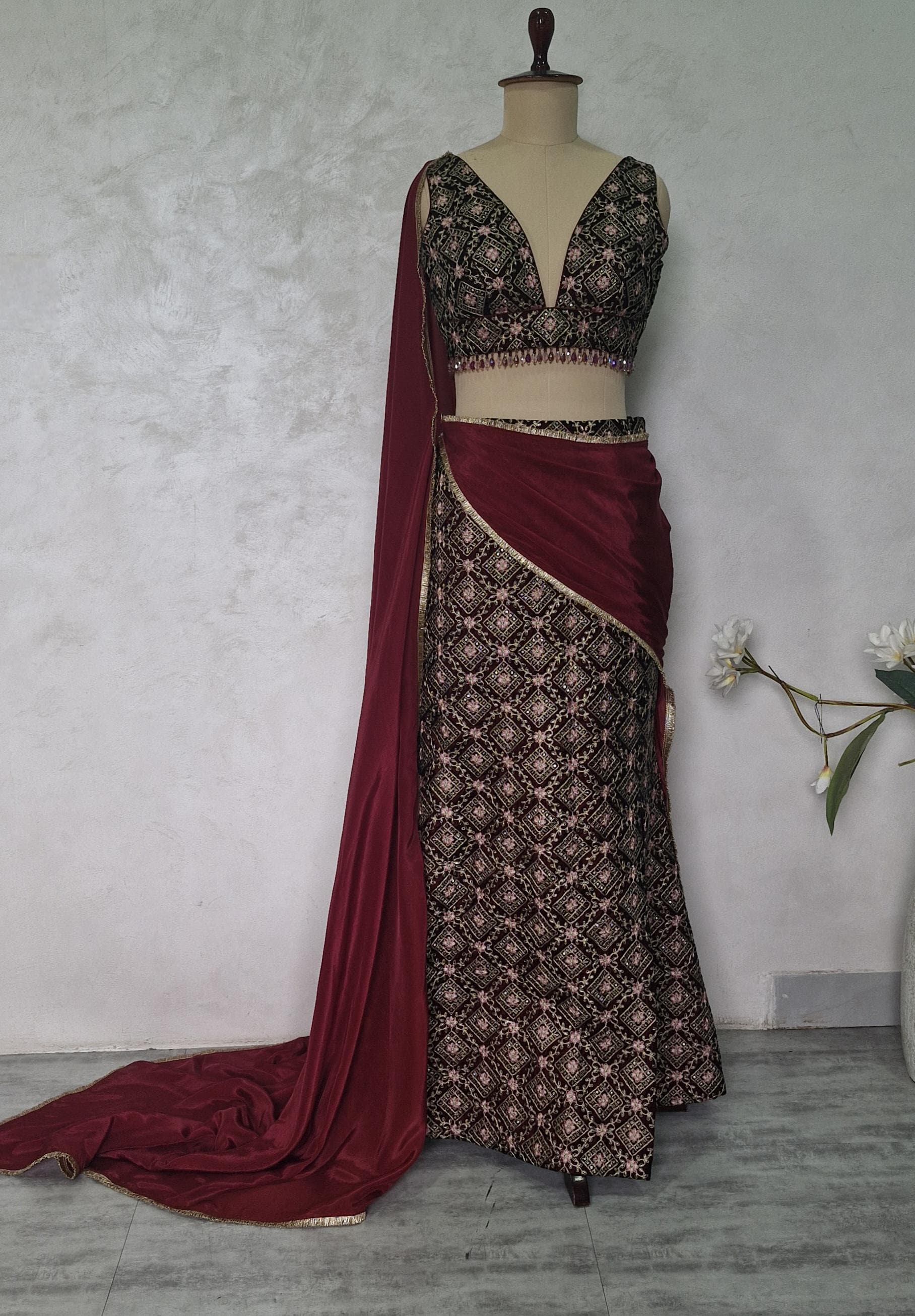 Maroon Velvet Slit Skirt Lehenga Set, Embroidered Made to Order Indian Co-ord DVMTD_0301