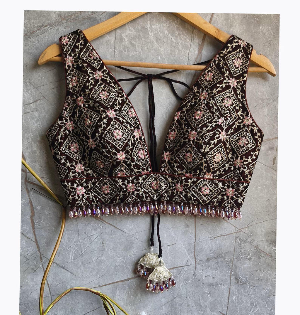 Maroon Velvet Slit Skirt Lehenga Set, Embroidered Made to Order Indian Co-ord DVMTD_0301