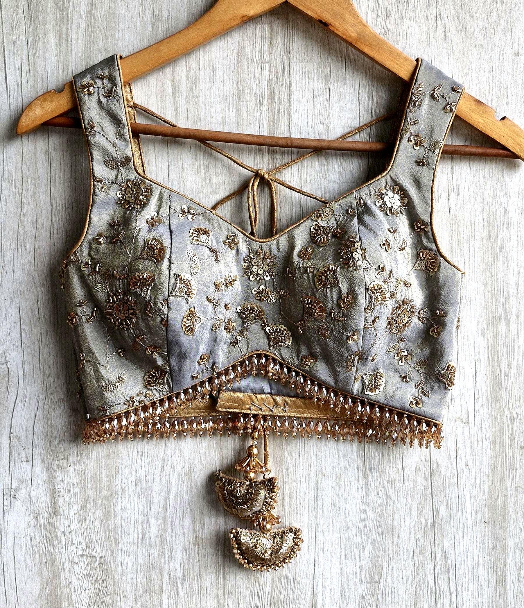 Grey Embroidered Tissue Silk Blouse Sweetheart Neck DVBL_517