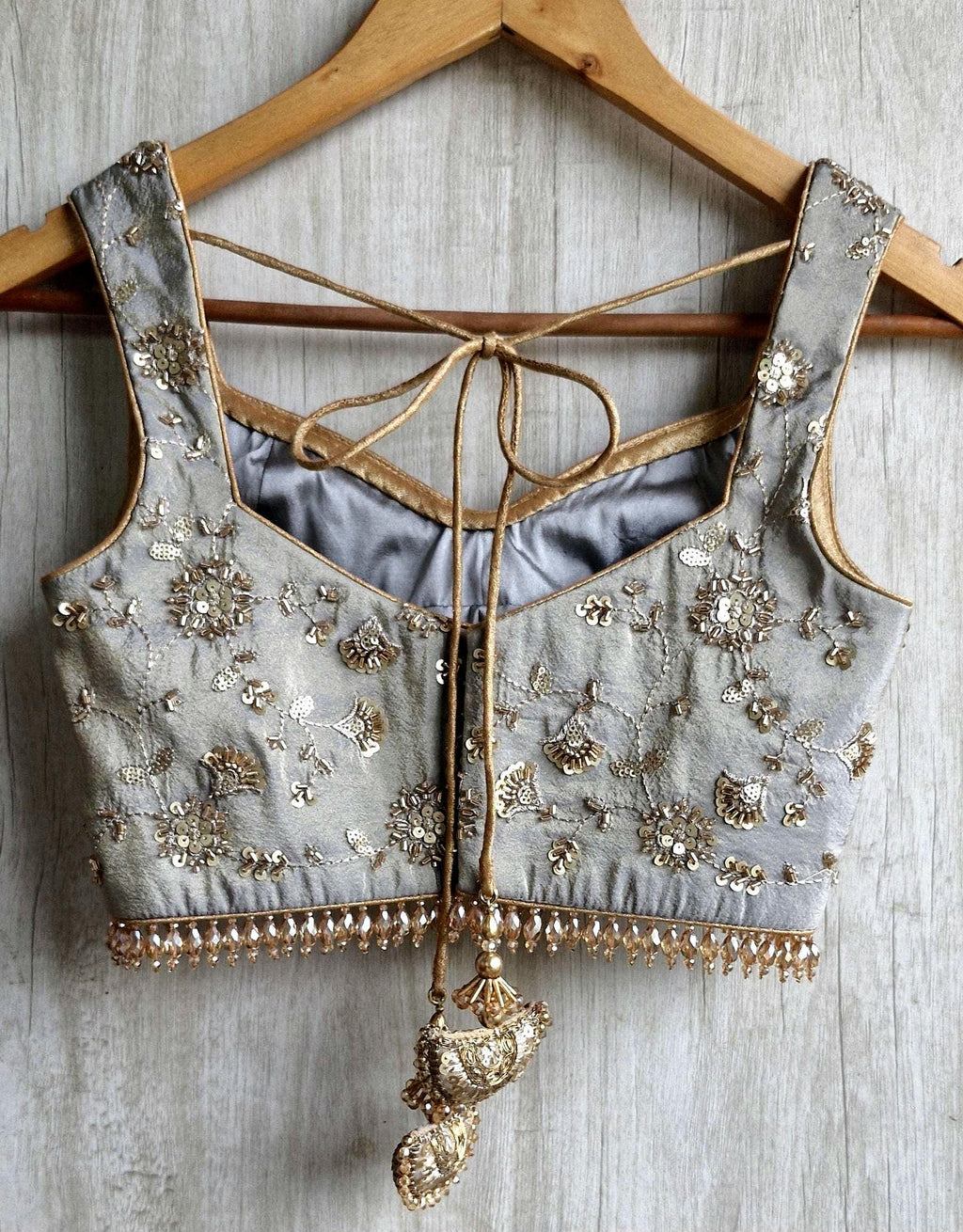 Grey Embroidered Tissue Silk Blouse Sweetheart Neck DVBL_517