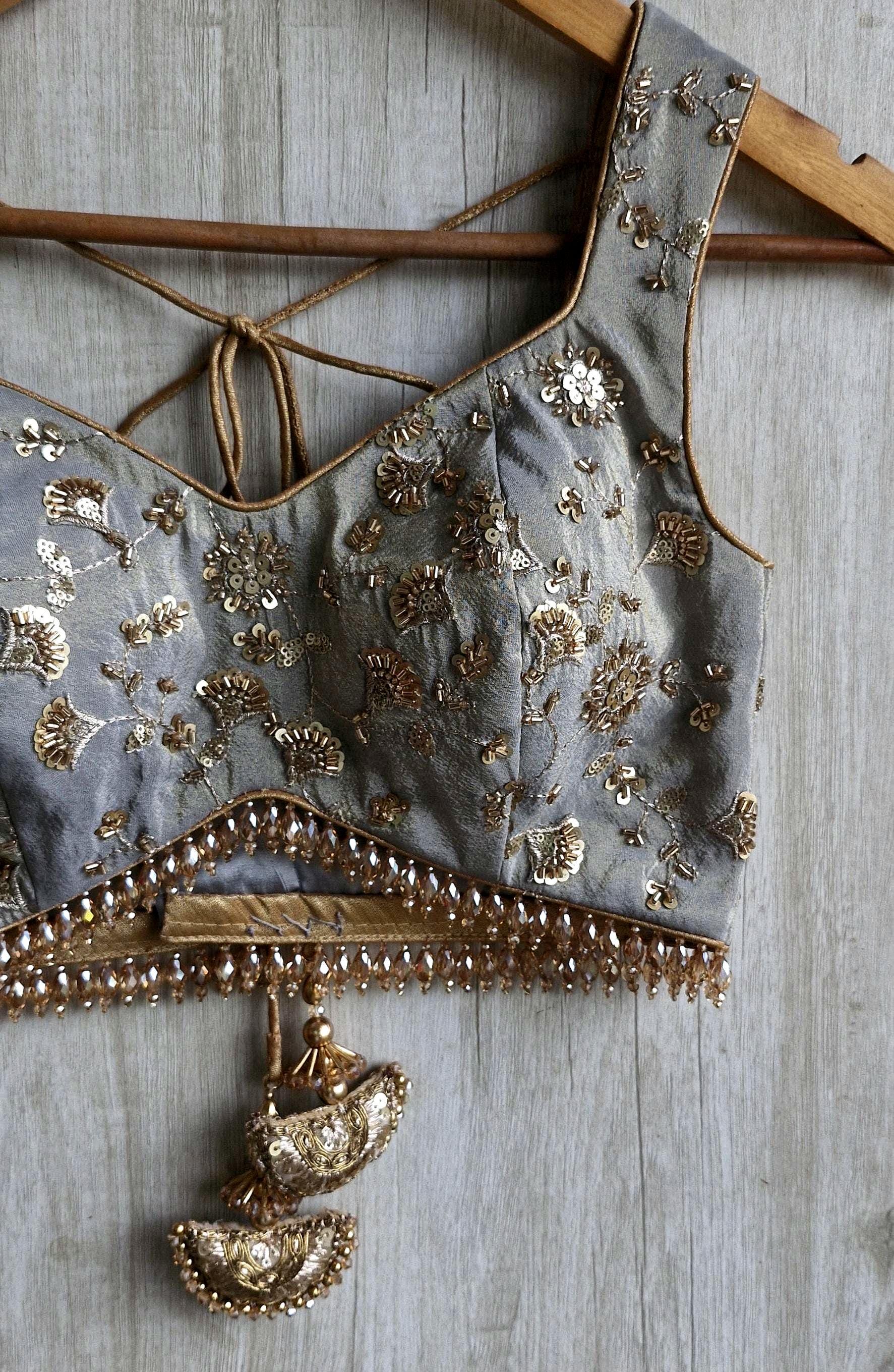 Grey Embroidered Tissue Silk Blouse Sweetheart Neck DVBL_517
