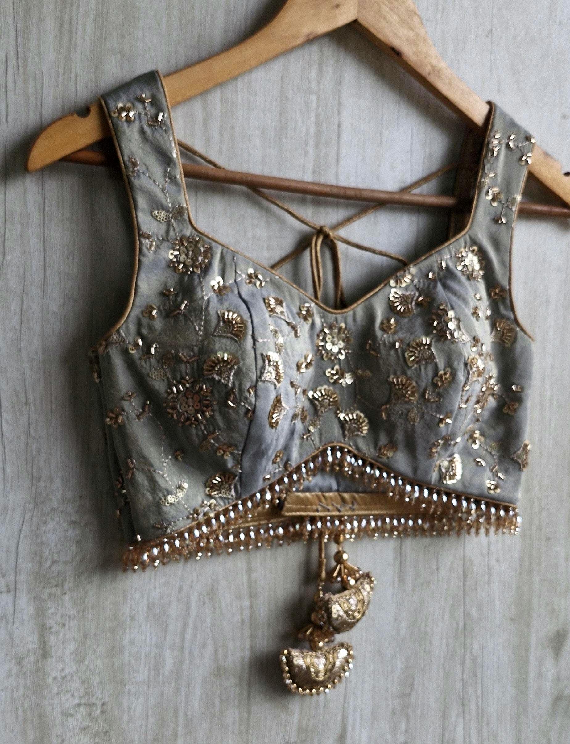 Grey Embroidered Tissue Silk Blouse Sweetheart Neck DVBL_517
