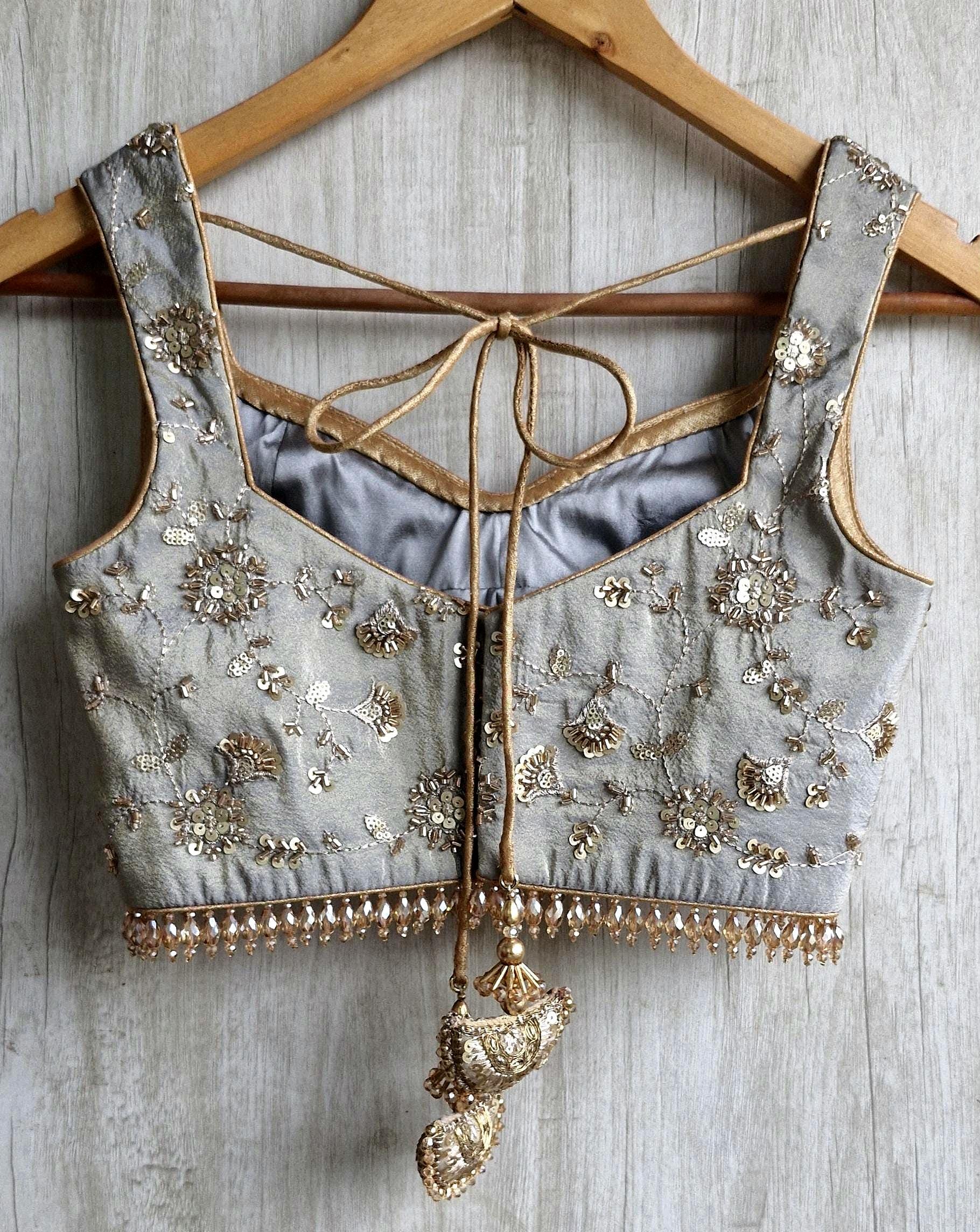 Grey Embroidered Tissue Silk Blouse Sweetheart Neck DVBL_517