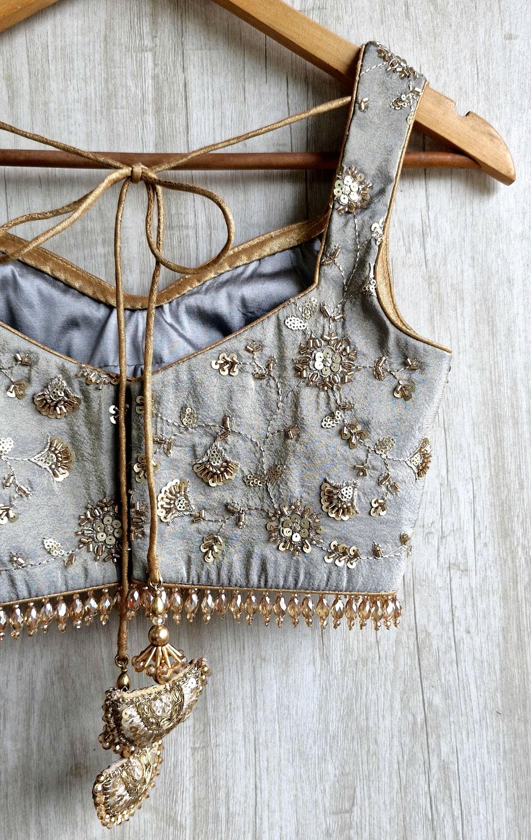 Grey Embroidered Tissue Silk Blouse Sweetheart Neck DVBL_517