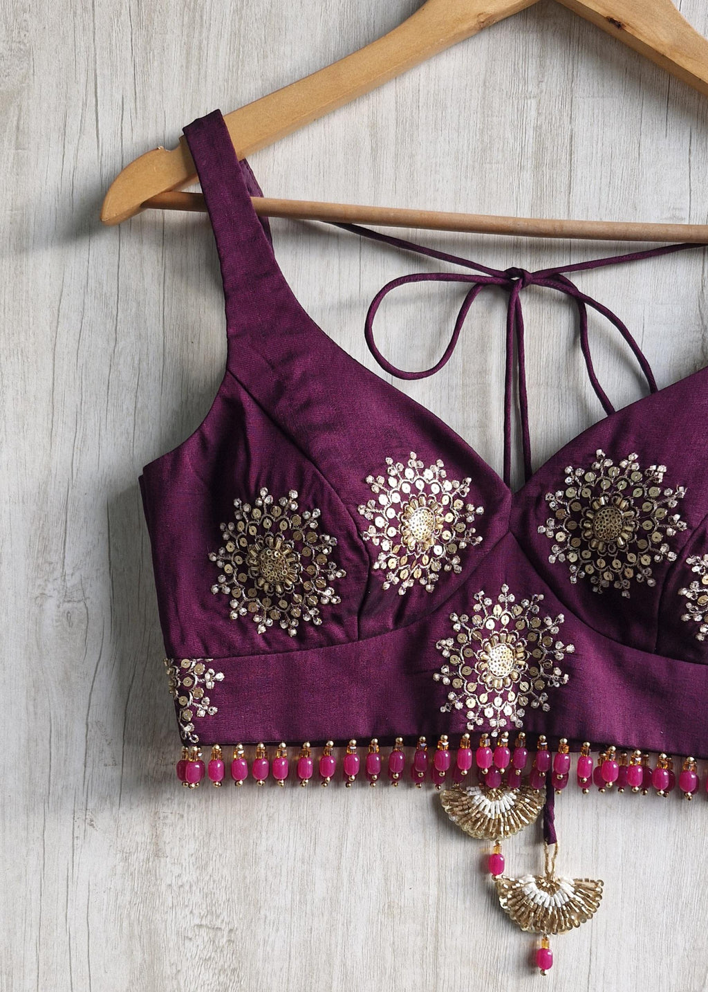 Wine Embroidered Silk Blouse -Sweetheart Neck Sleeveless DVBL_515