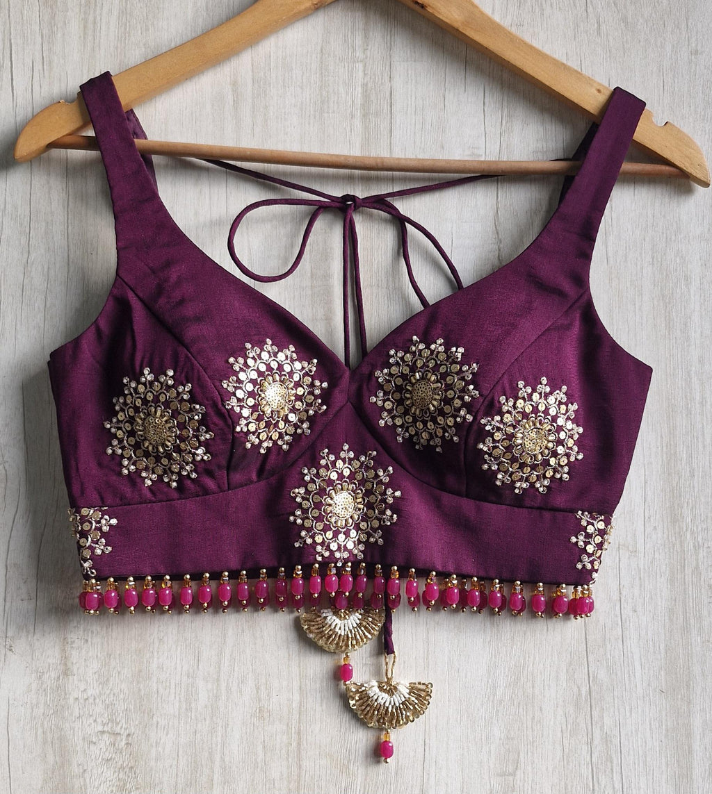 Wine Embroidered Silk Blouse -Sweetheart Neck Sleeveless DVBL_515